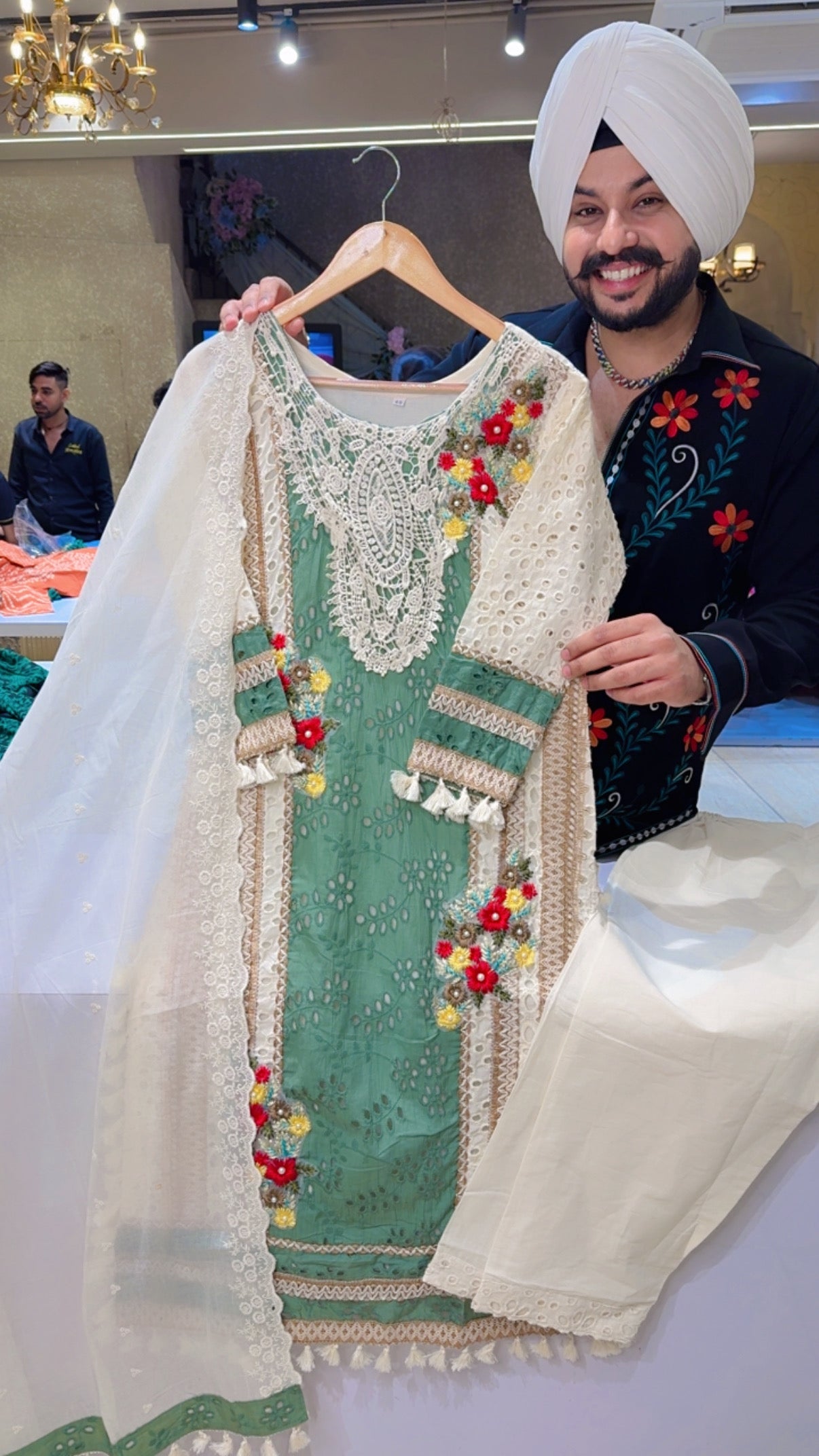 Off white & Green Kora Cotton Heavy Embroidered & Crochet work Party Wea Straight Suit