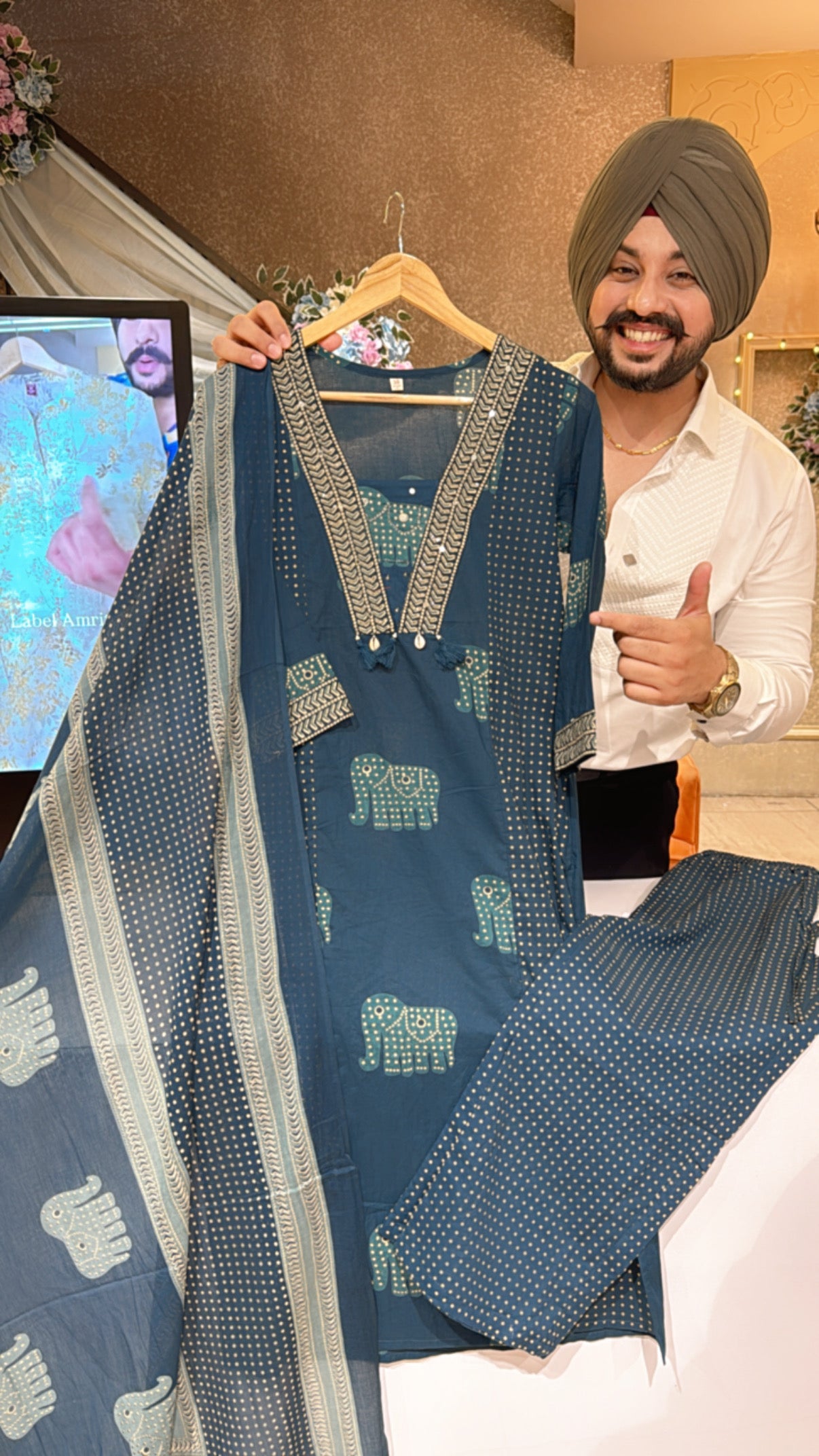 Teel Blue Pure cotton Elephant Print Straight Suit with Beautiful Duppata