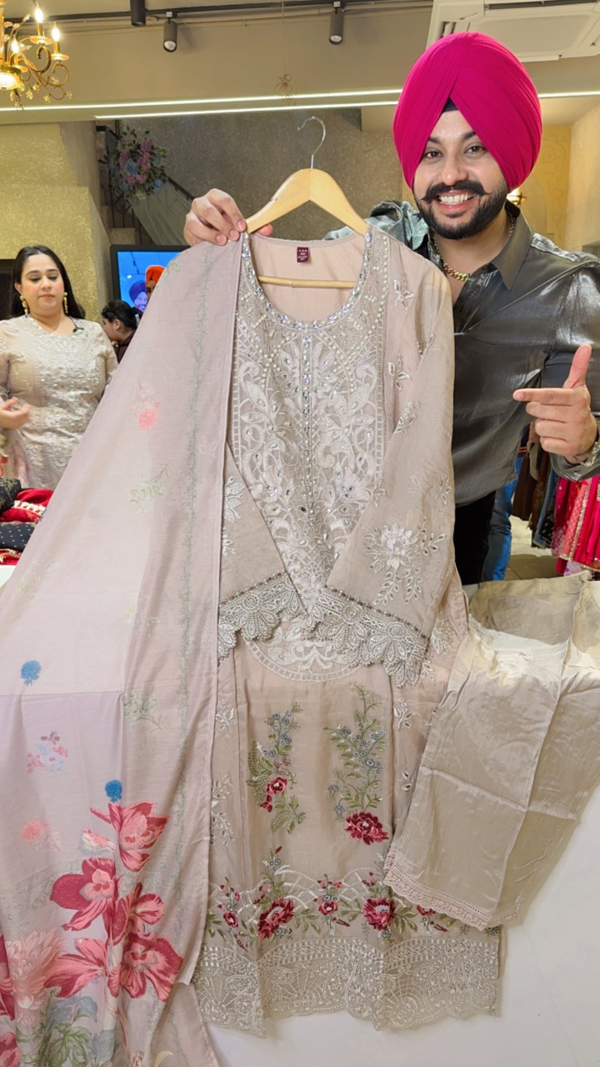 Nude Colour Soft Organza Heavy Embroidered & Cut Work Long Length party Wear Kashmiri Suit