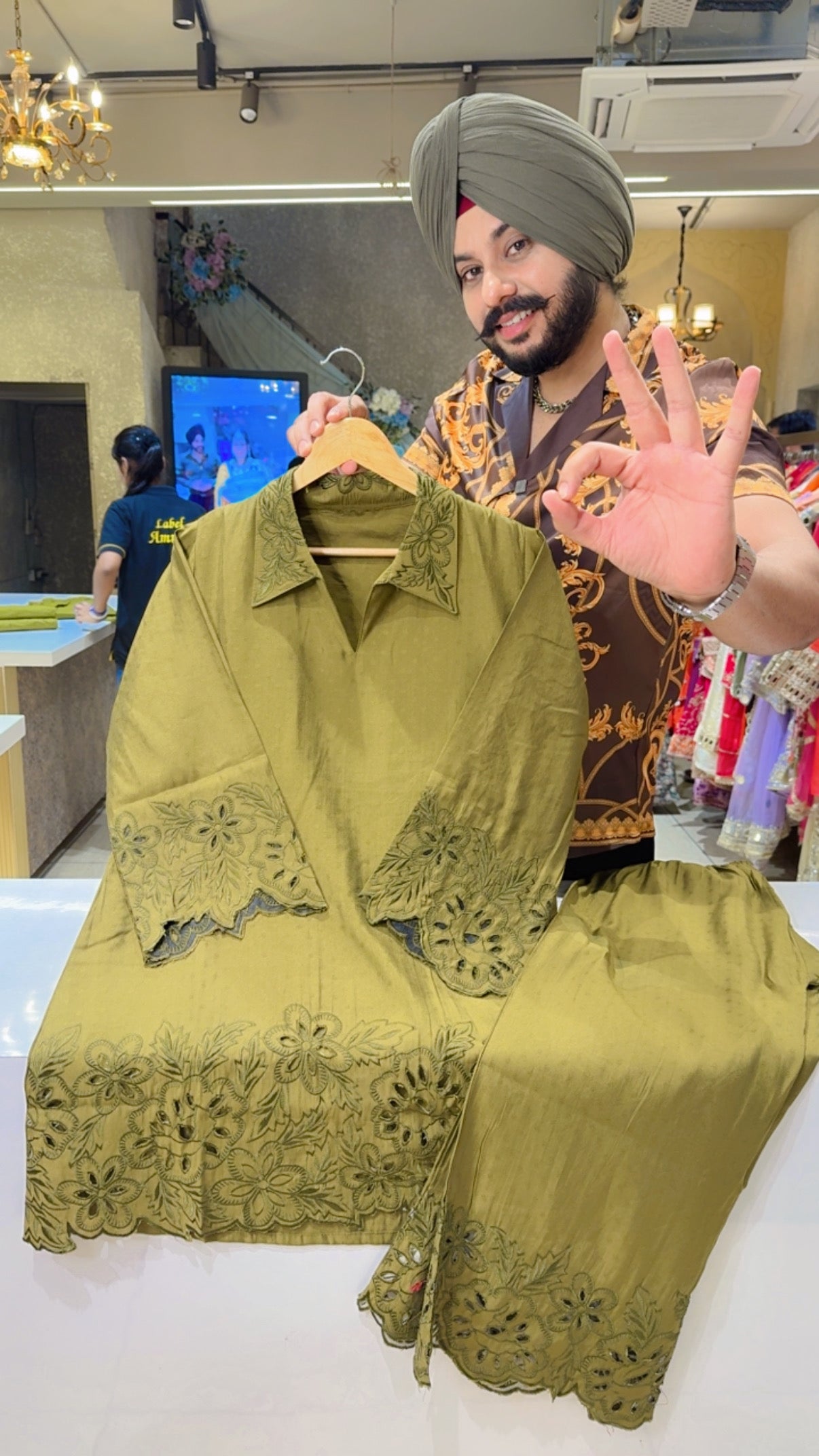 Mehendi Green Imported Fabric Self Embroidered & Cut Work Collar Neck Coord set I