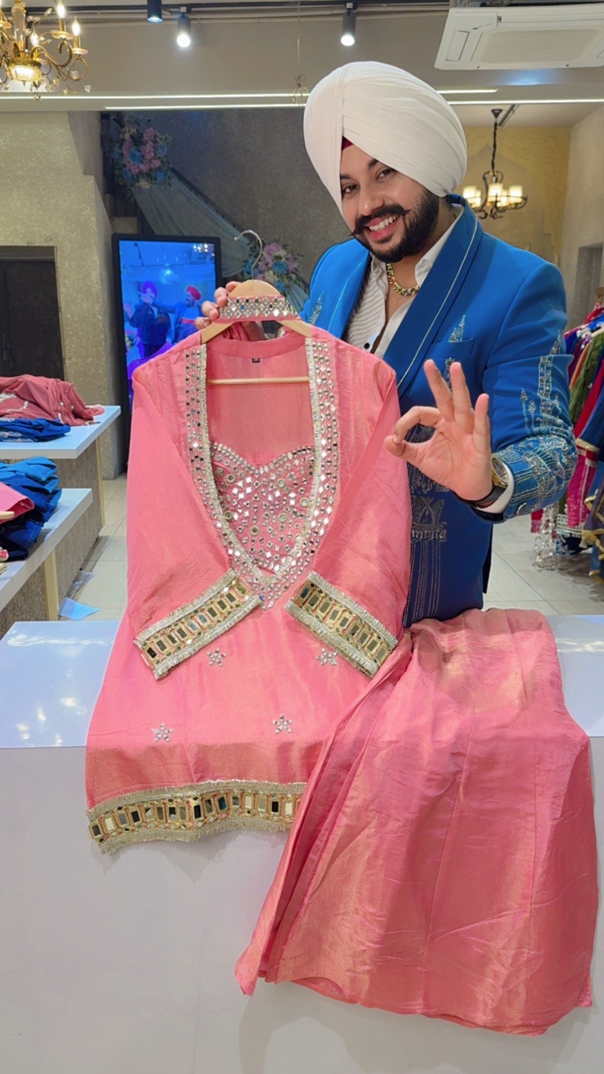 Pink Shimmer Silk Tissue Designer Bell Bottom Sharara Coordset with Heavy mirror work on it & Bustier