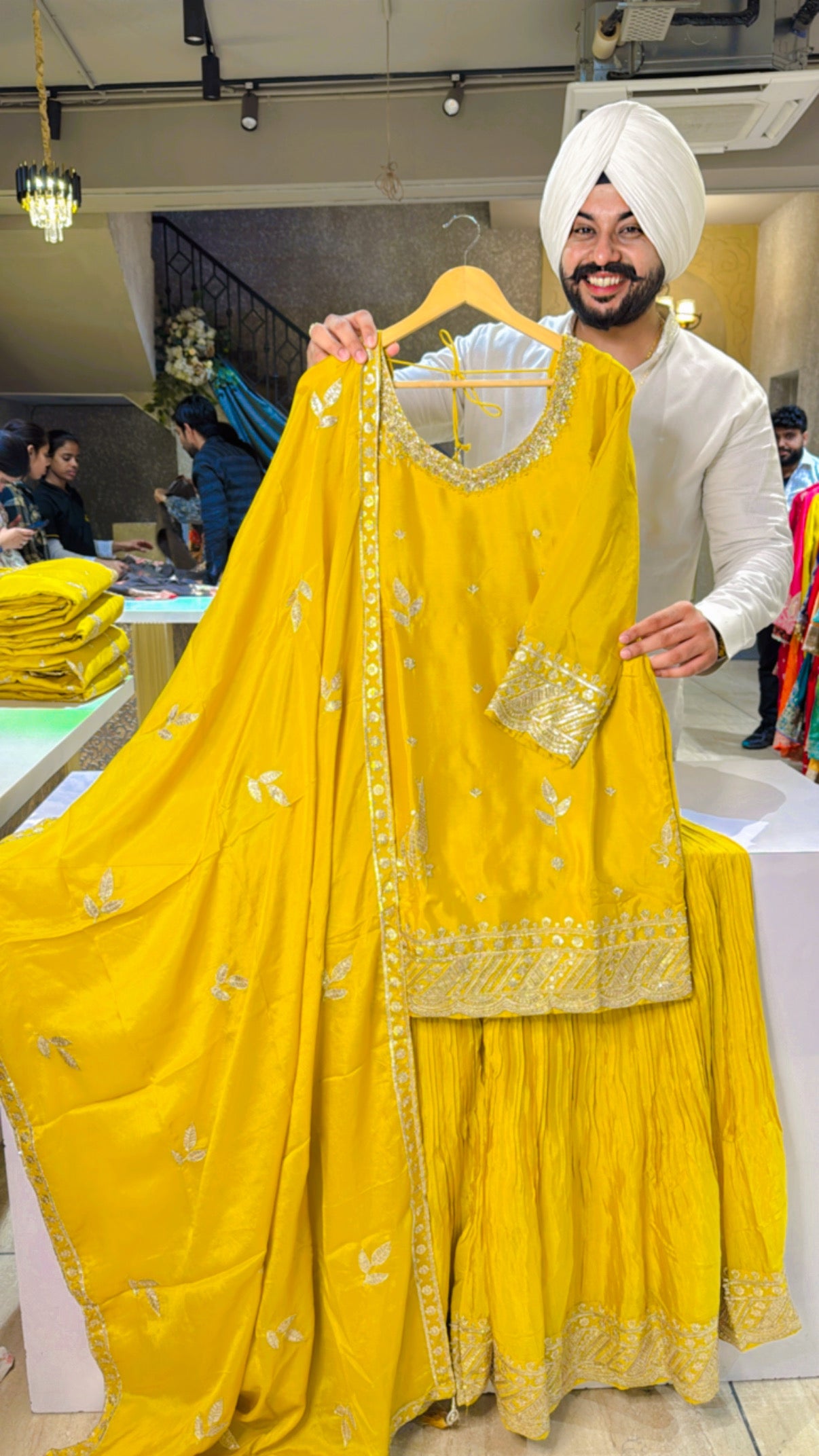 Yellow Chinon Heavy Embroidered Girish Crush Sharara Suit with Beautiful Embroidered Duppata