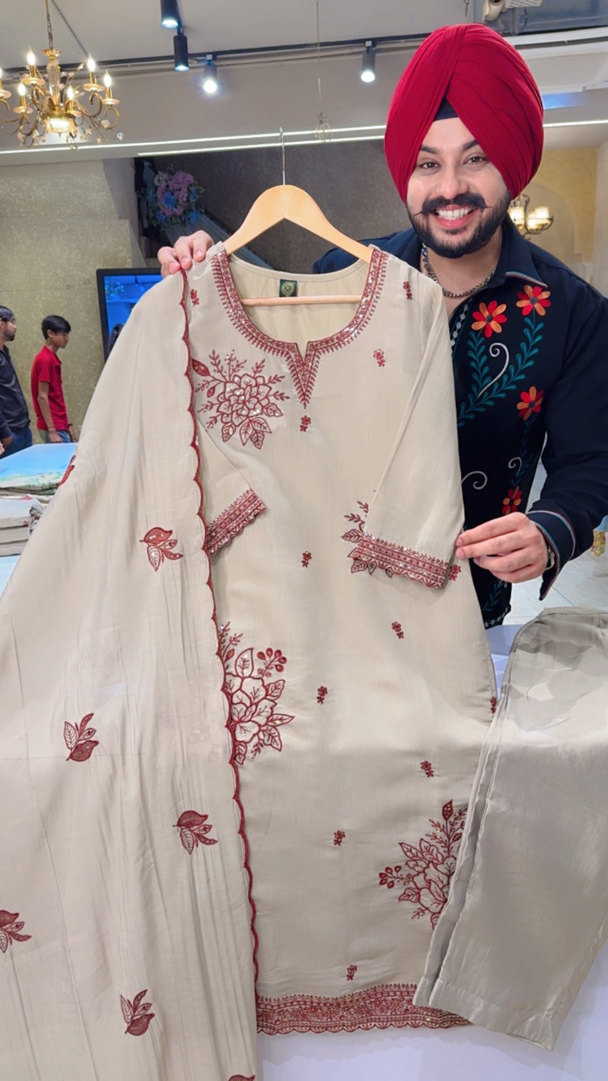 English Beige & Maroon Mal Chanderi Beautiful Embroidered Semi Formal Straight Suit