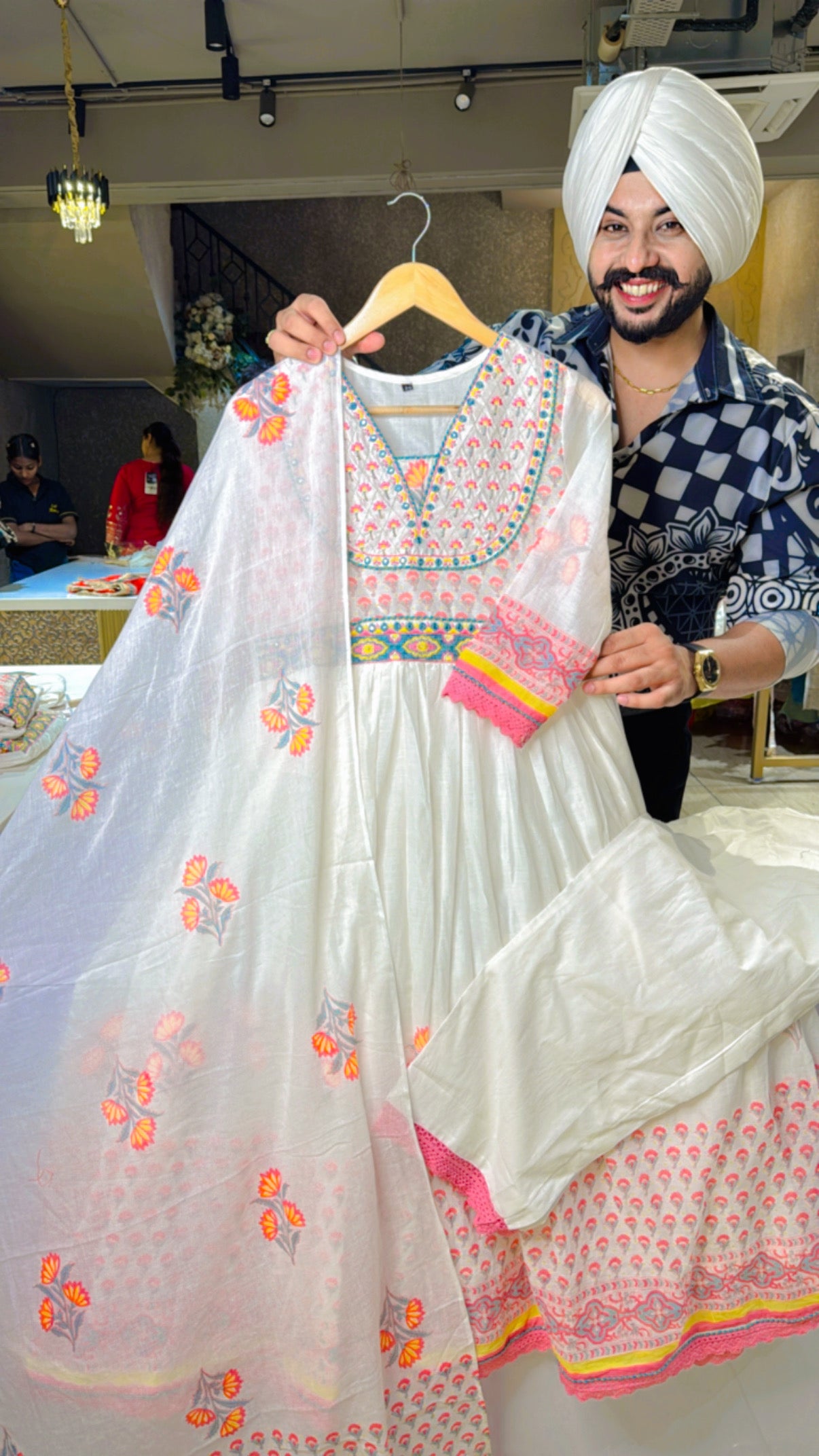 Moon White & pink Mal Cotton Summerish Anarkali suit with Beautiful Duppata