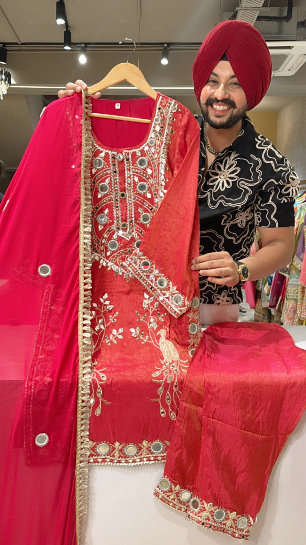 Gajri Pink Shimmer Organza Heavy Gota Peacock & Mirror Embroidered Kashmiri Suit