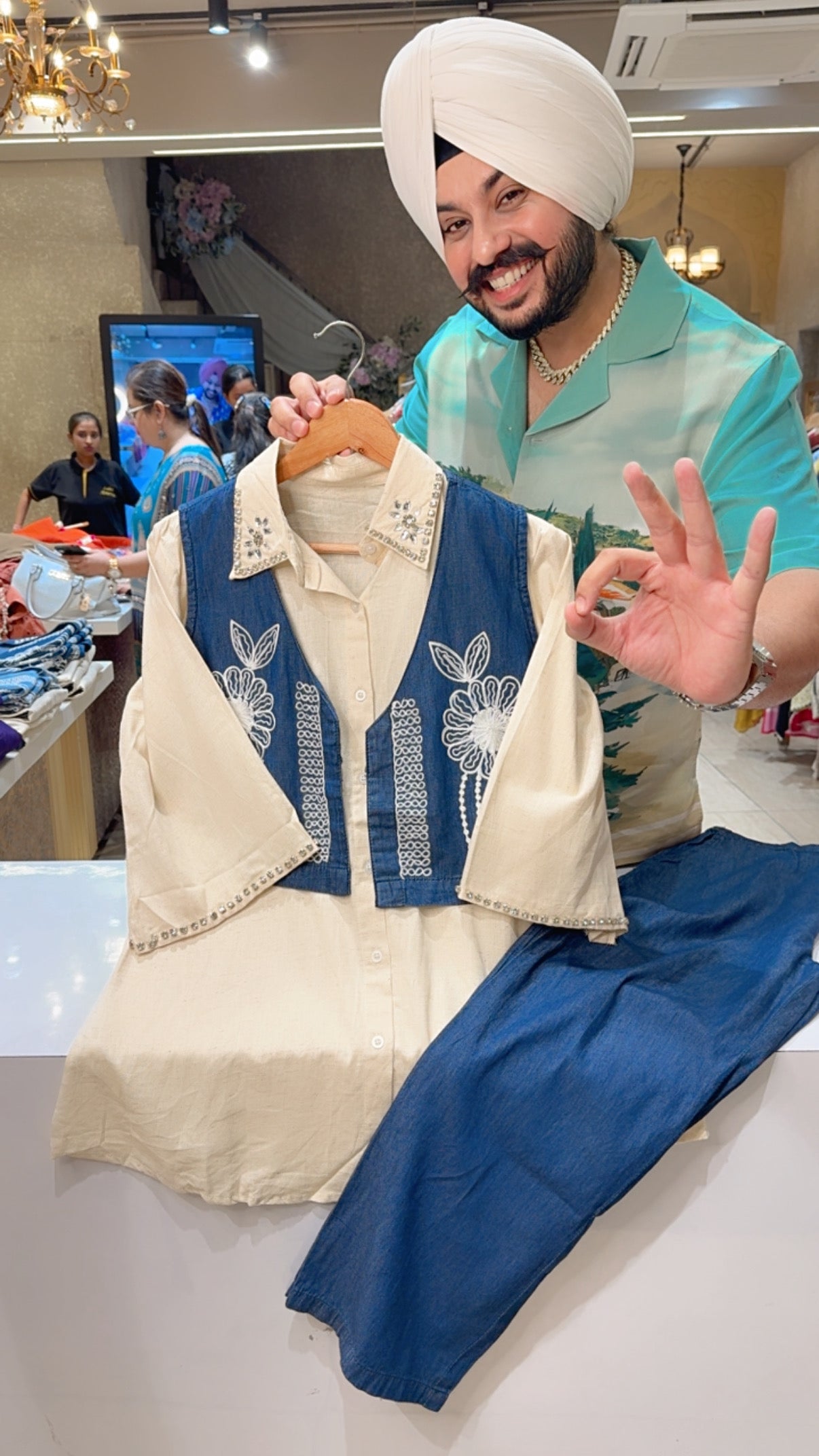Off White Soft Khaadi Stone Hand Work Denim Pants & short Jacket Party Wear Coord set