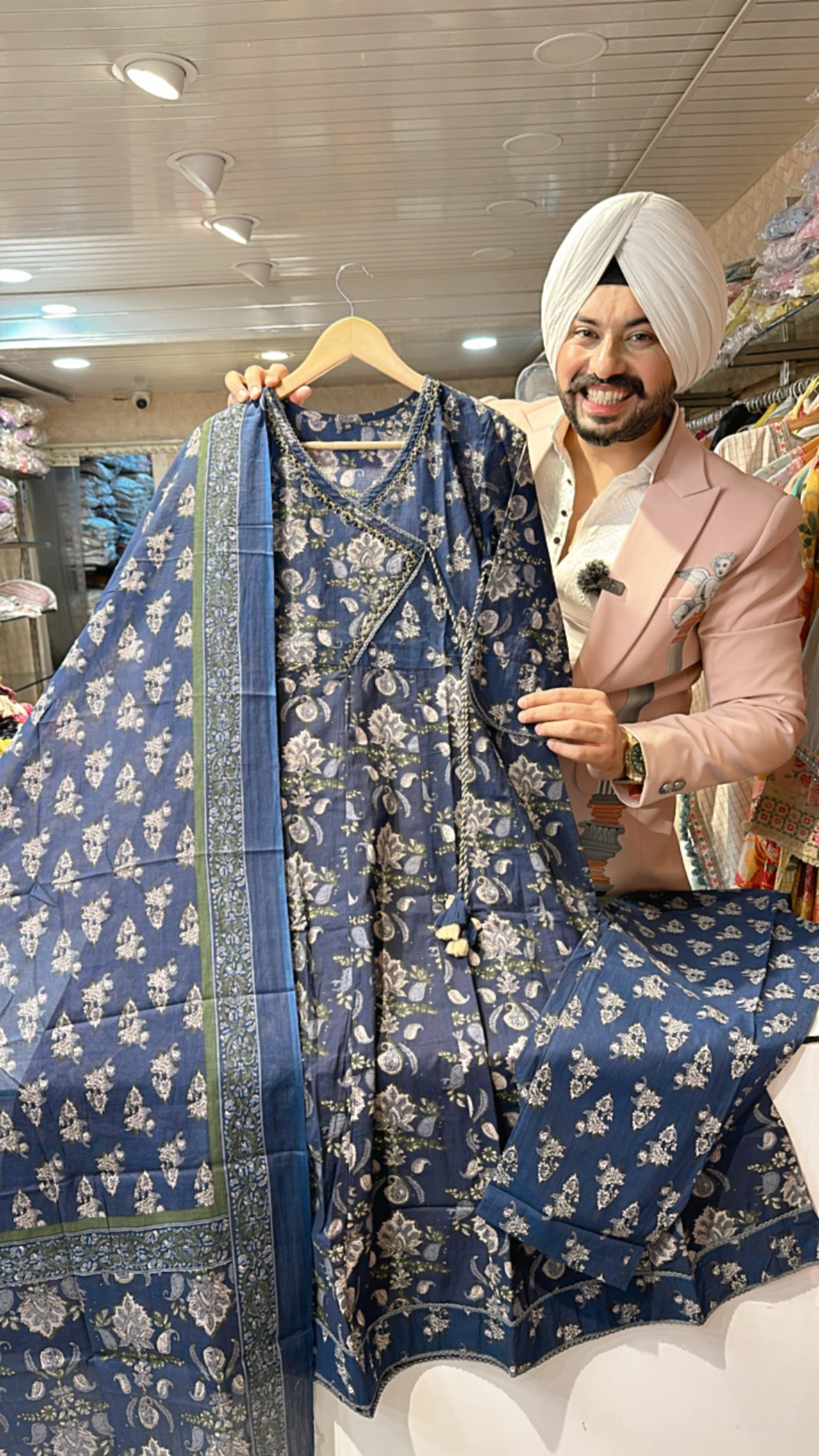 Blue Pure cotton Angrakha Anarkali suit with Beautiful Duppata