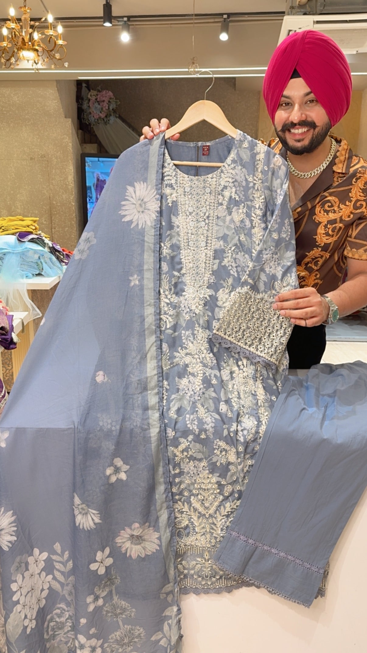 English Blue Heavy embroidered Kashmiri Suit with Mal Mal Duppata