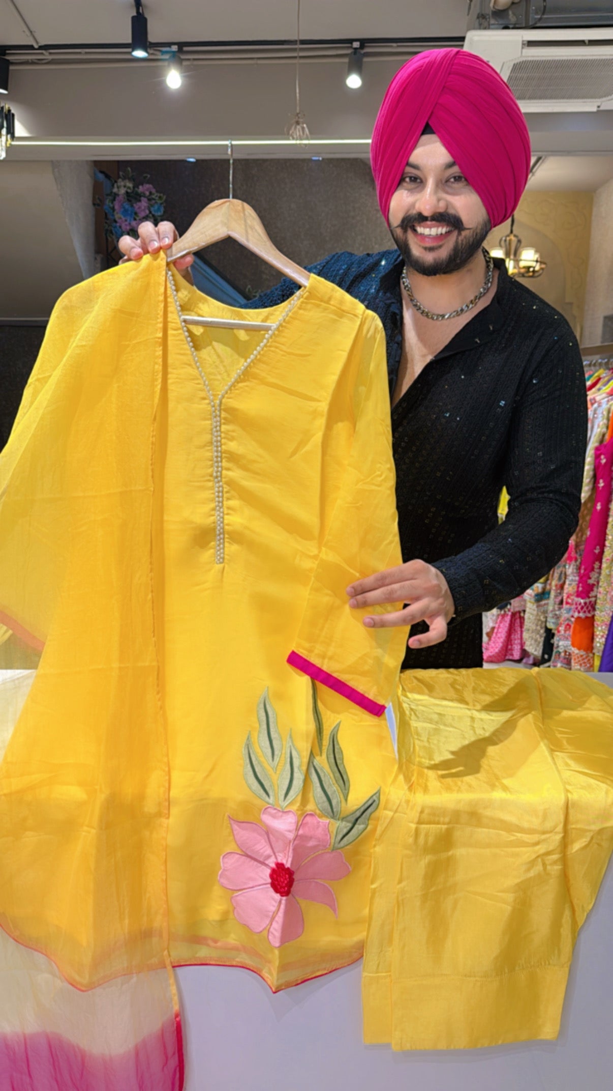 Yellow Soft Organza Farshi Salwar set with Beautiful Embroidery Patch work on it