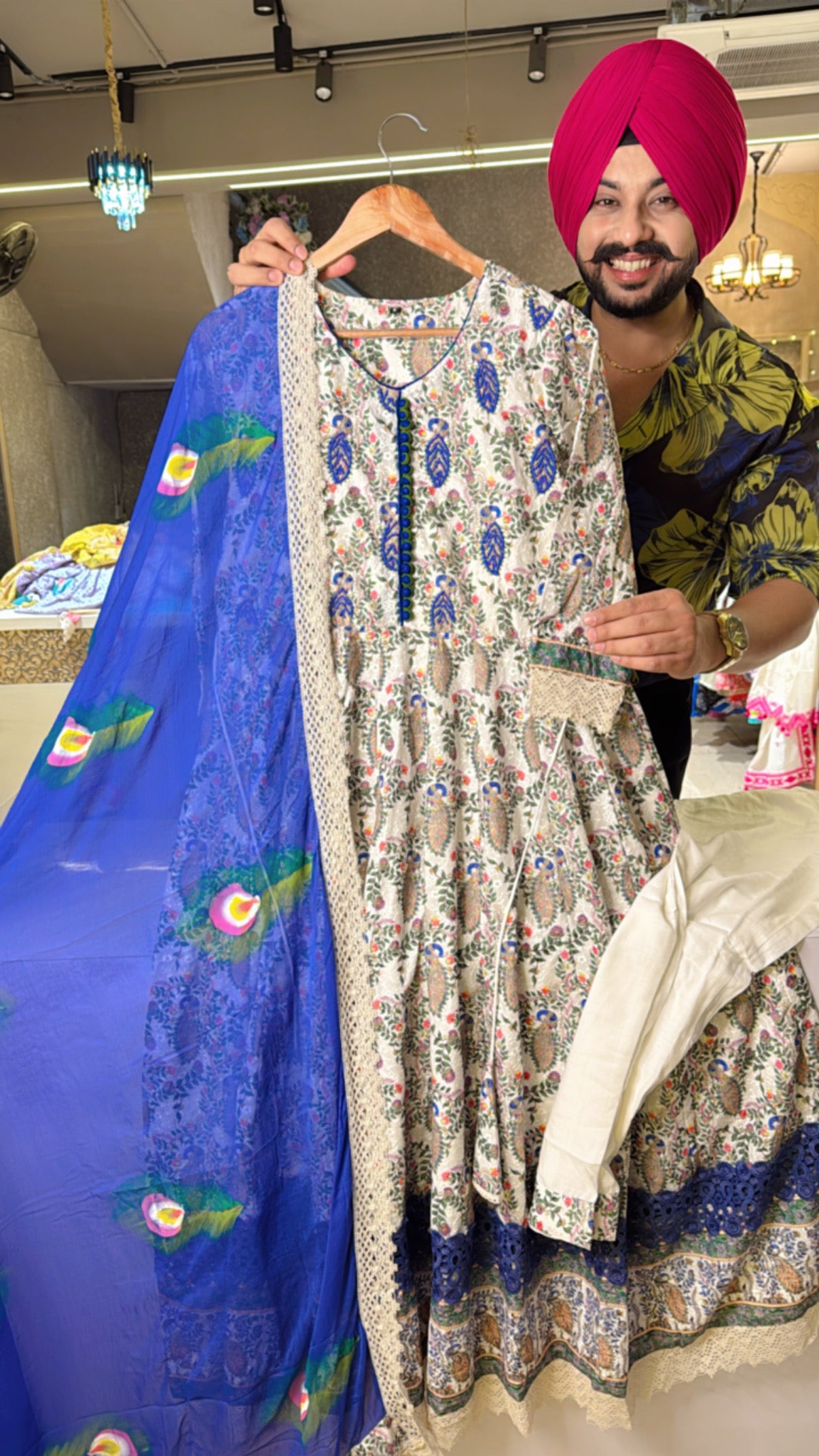 Off white & Blue Pure Cotton Heavy Embroidered Anarkali Suit with Beautiful Hand painted Chiffon Duppata