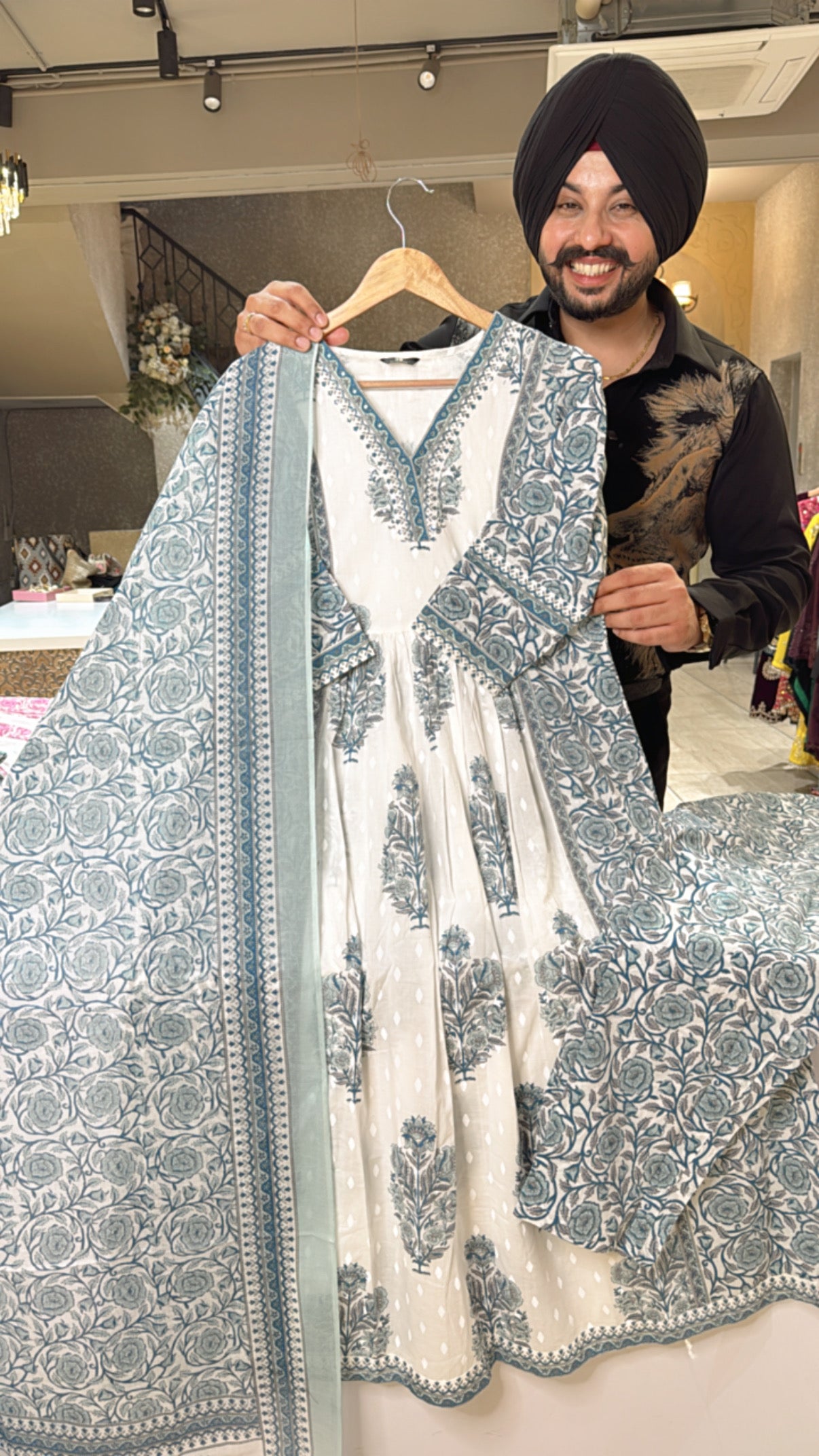 Moon White & Blue pure Cotton A-line Front Gathering Suit with Beautiful Duppata