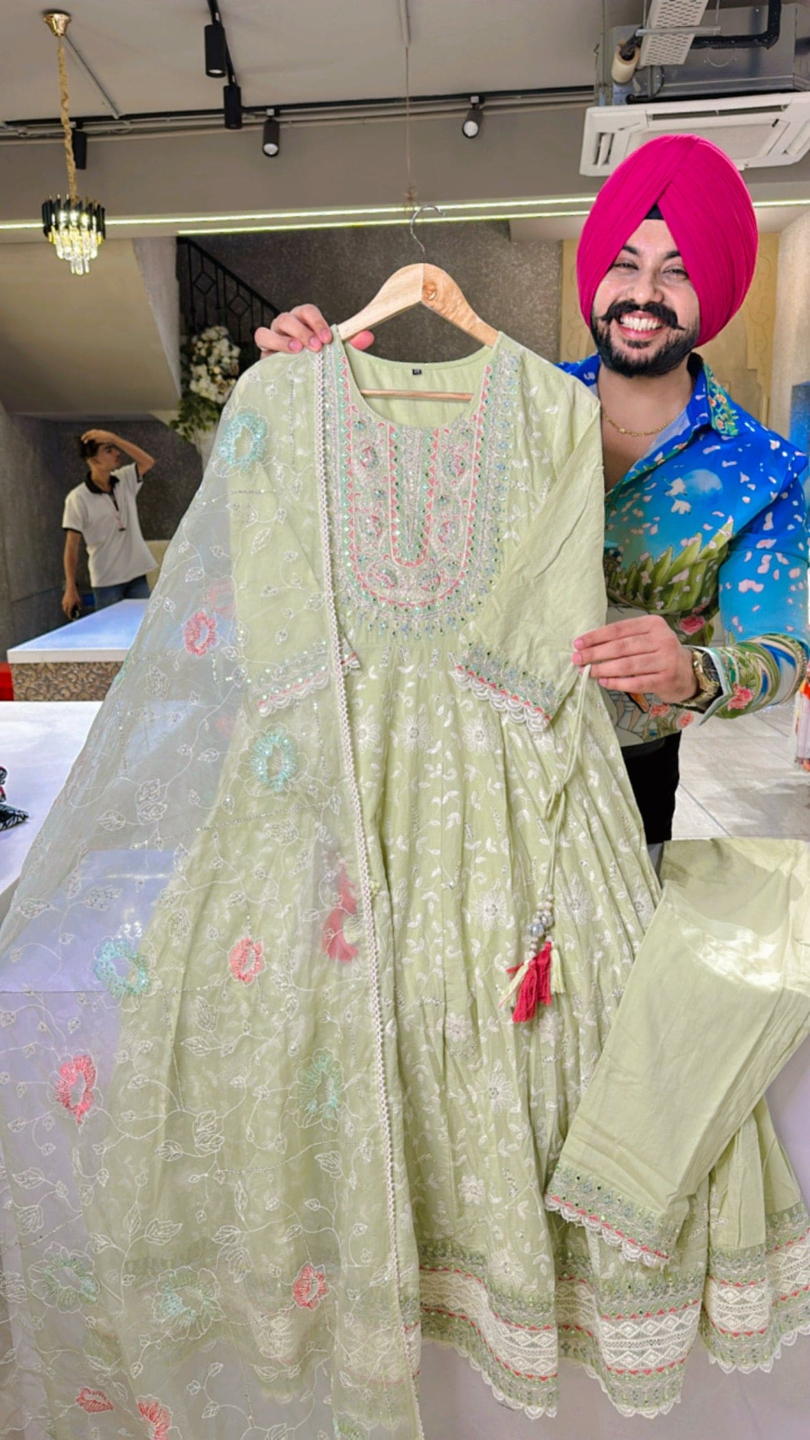 Pastel Green Pure Cotton Fully embroidered Anarkali Suit With Embroidered Organza Duppata