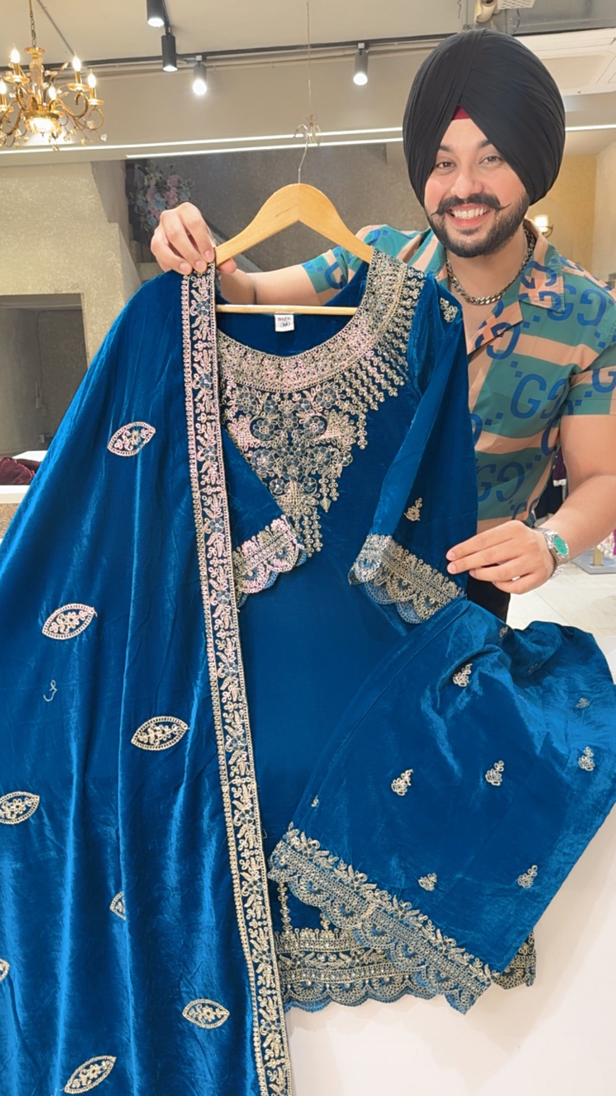 Teel Blue Heavy Velvet Front & Back embroidered Party wear Kashmiri Suit with Beautiful Duppata