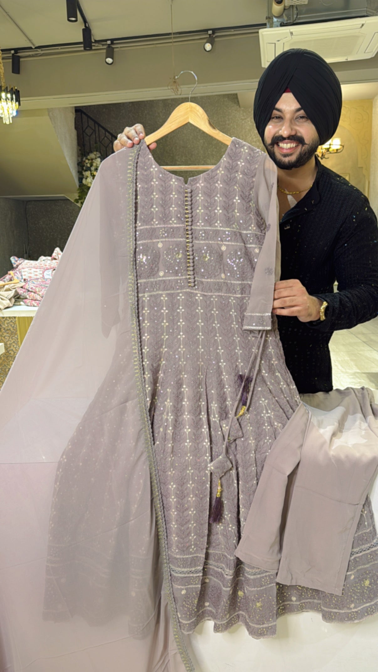 Greyish mauve Georgette Fully self Embroidered Anarkali suit