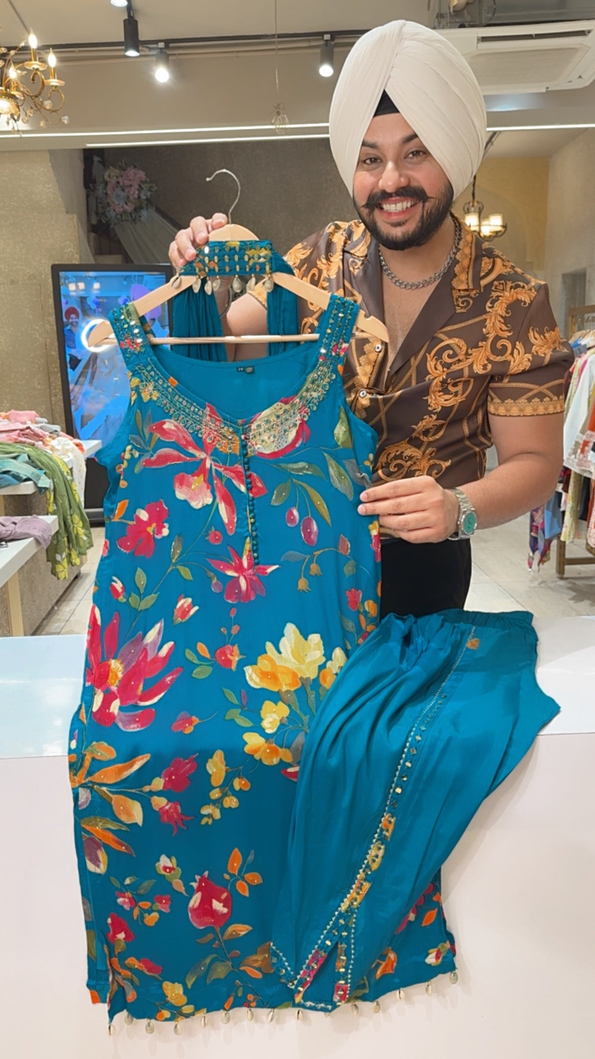 Turquoise Chinon Floral Print Hand Embroidered Cutsleeves Tulip Salwar Suit with Beautiful Necklace Duppata