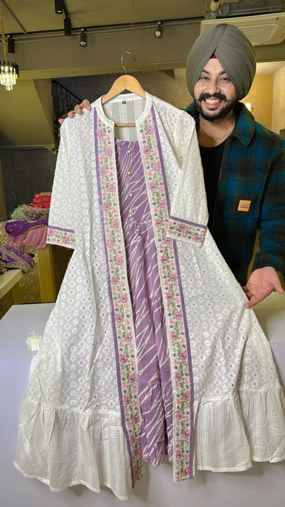 Lilac & Moon white Rayon Indo western Dress with Off white Embroidered Shrug