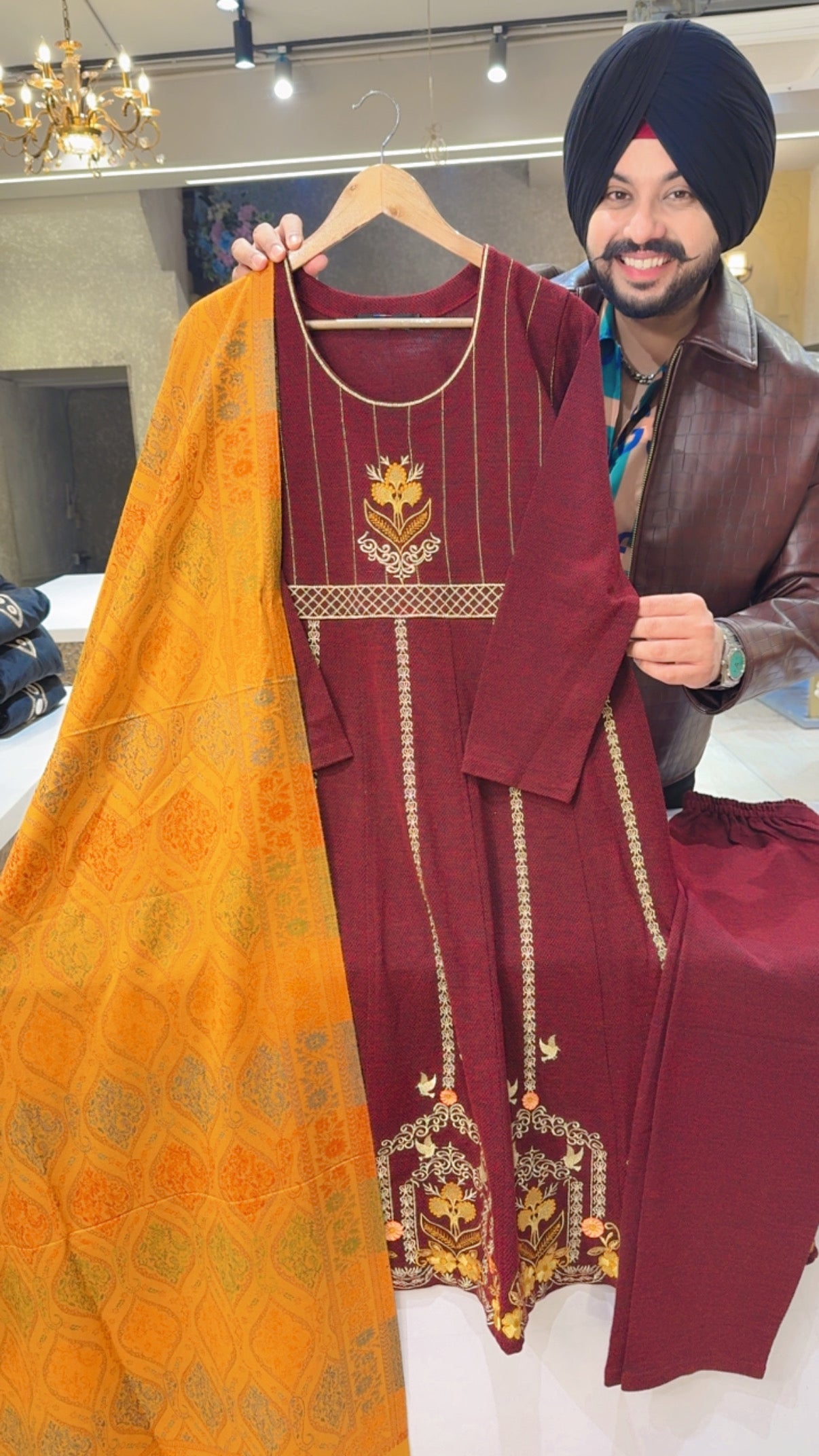 Maroon Embroidered Woolen Anarkali Suit with Beautiful Banarsi look Duppata