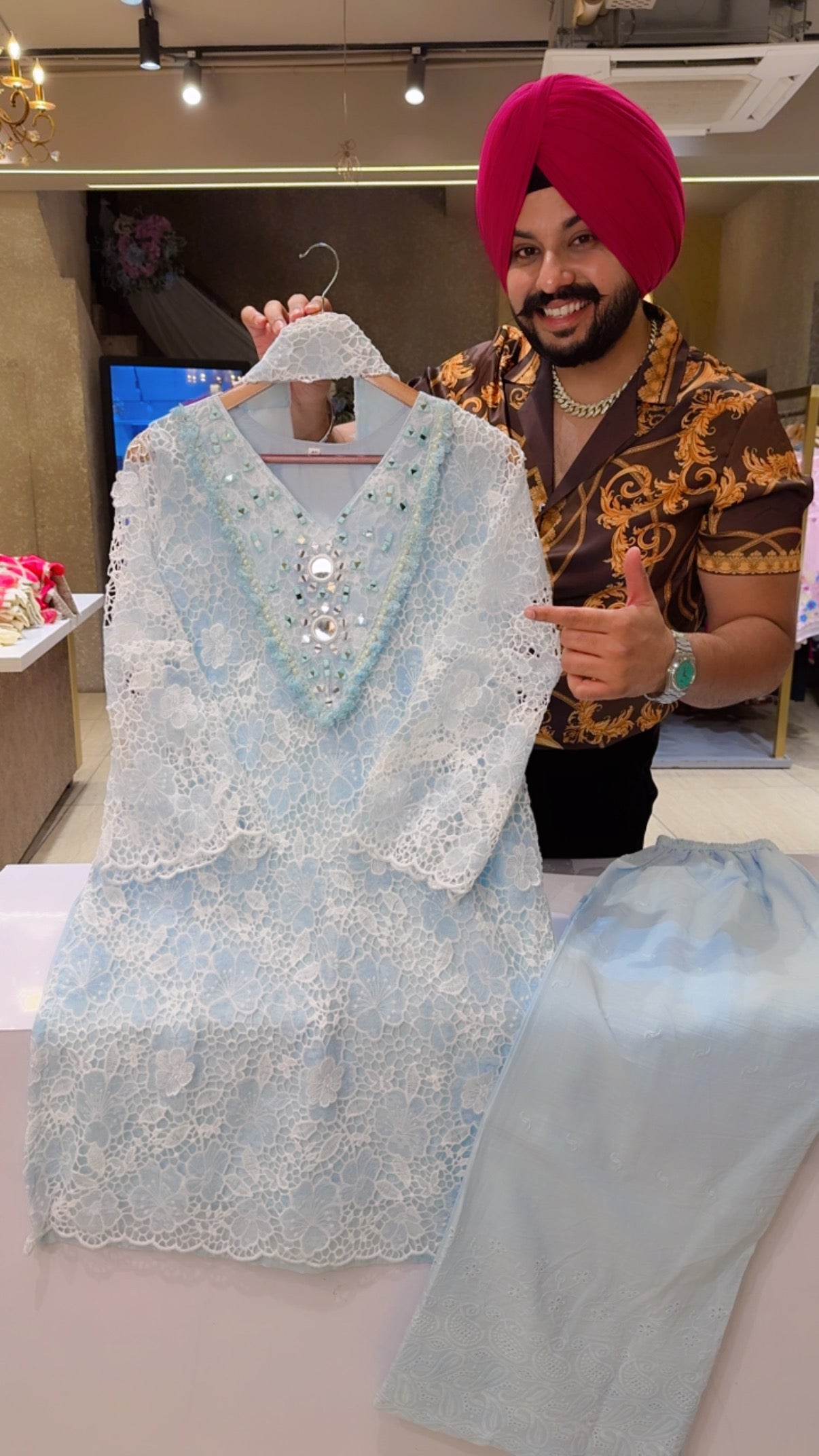 Pastel Blue Heavy Crochet & Mirror Work Indowestern Girlish Suits with Sleek Necklace Duppata & Shifli Pants