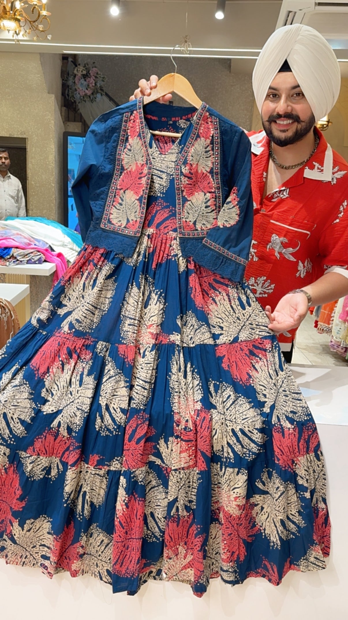 Dark Blue Pure Cotton Floral Print Full Flair Indowestern Dress with stylish Embroidered Short jacket