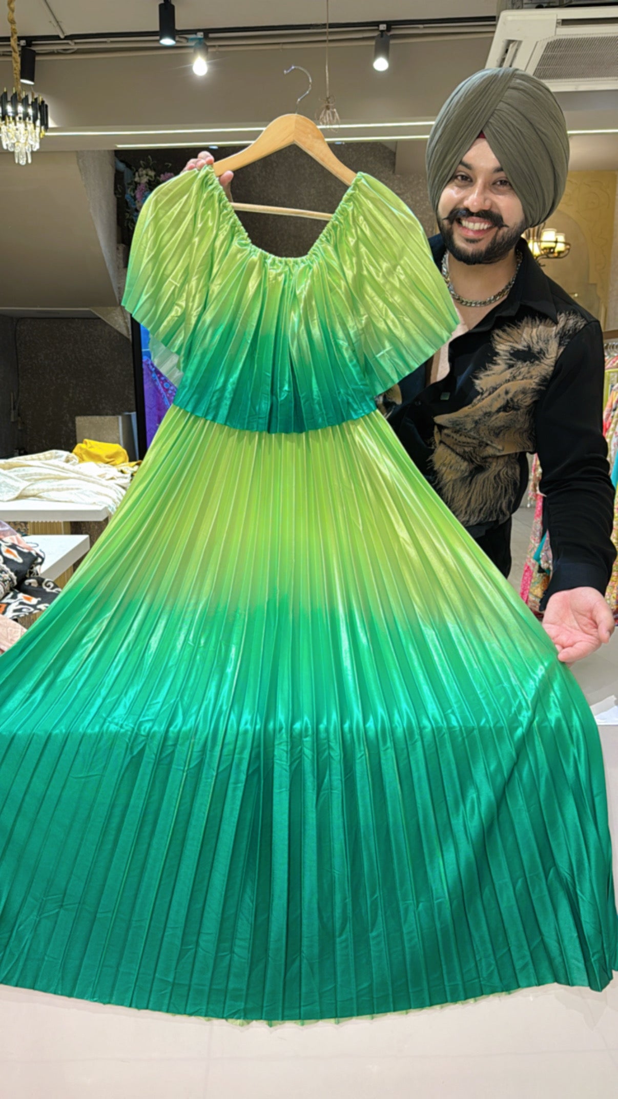 Green Ombre print Satan Off Shoulder Western Dress Green Ombre print Satan Off Shoulder Western Dress