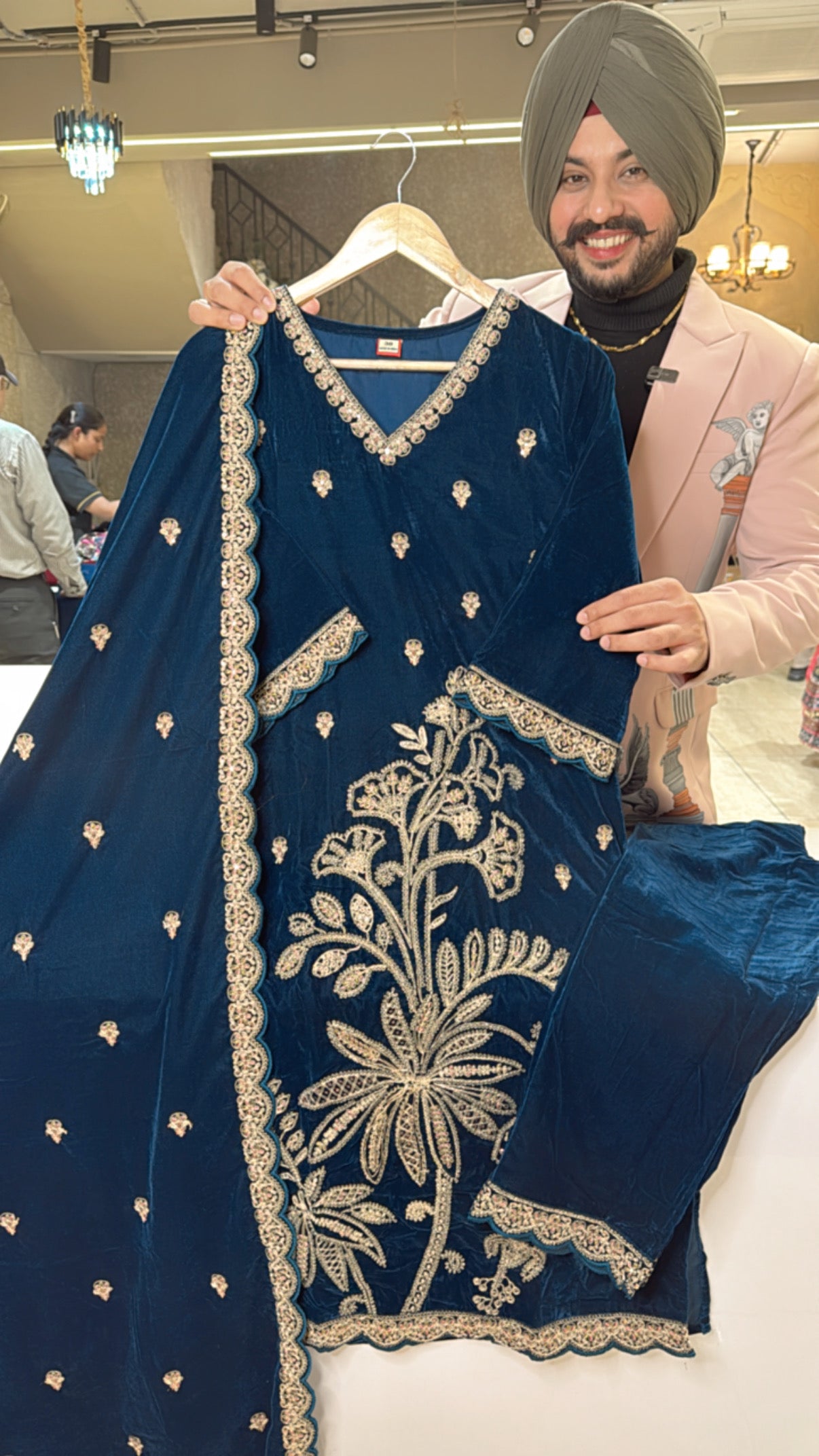 Blue Velvet Heavy embroidered Pakistani Straight Suits with Beautiful Duppata