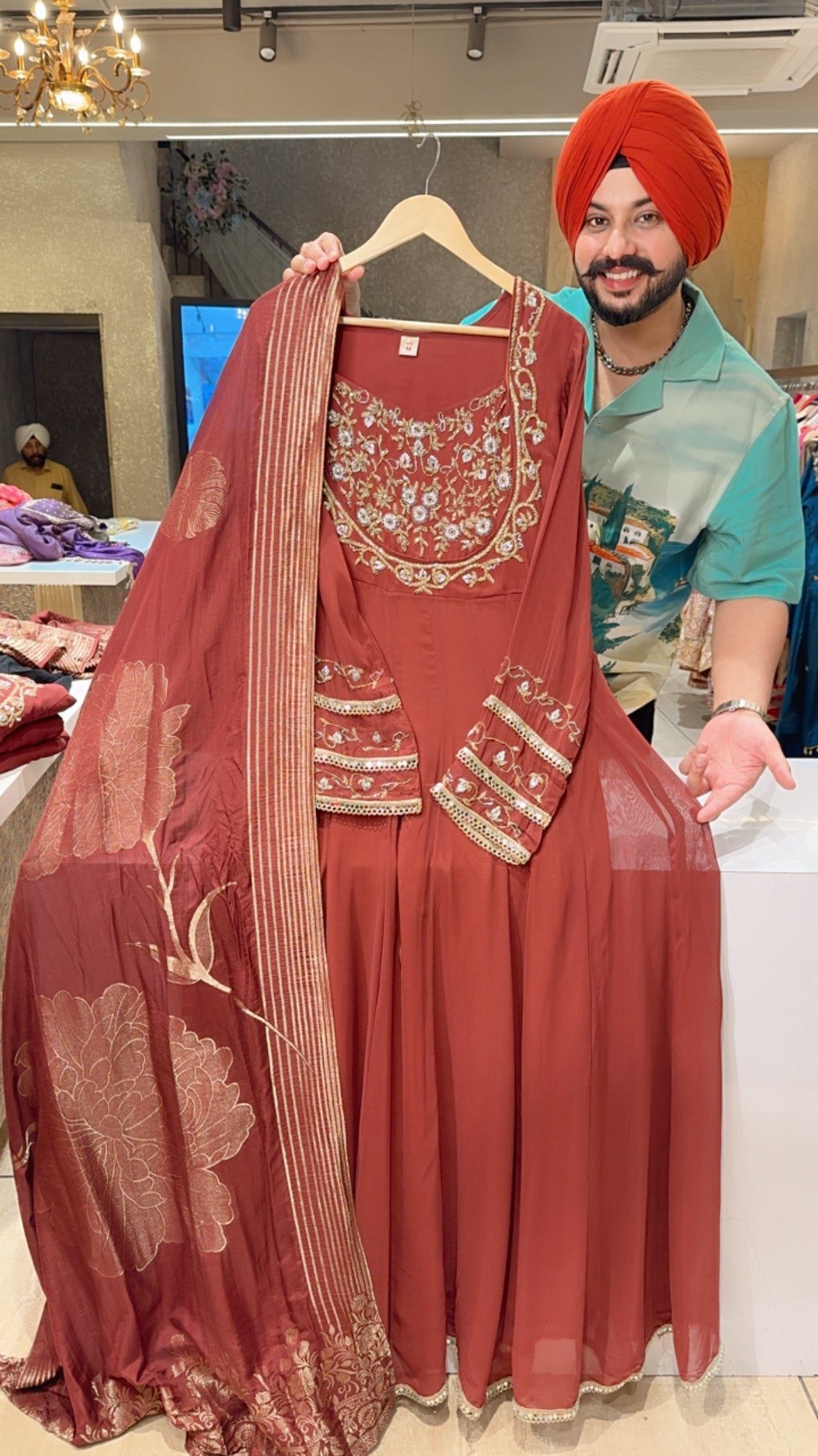 Rust Georgette Party Wear Hand Embroidered Designer Neck Anarkali Gown with Beautiful Banarasi look Duppata