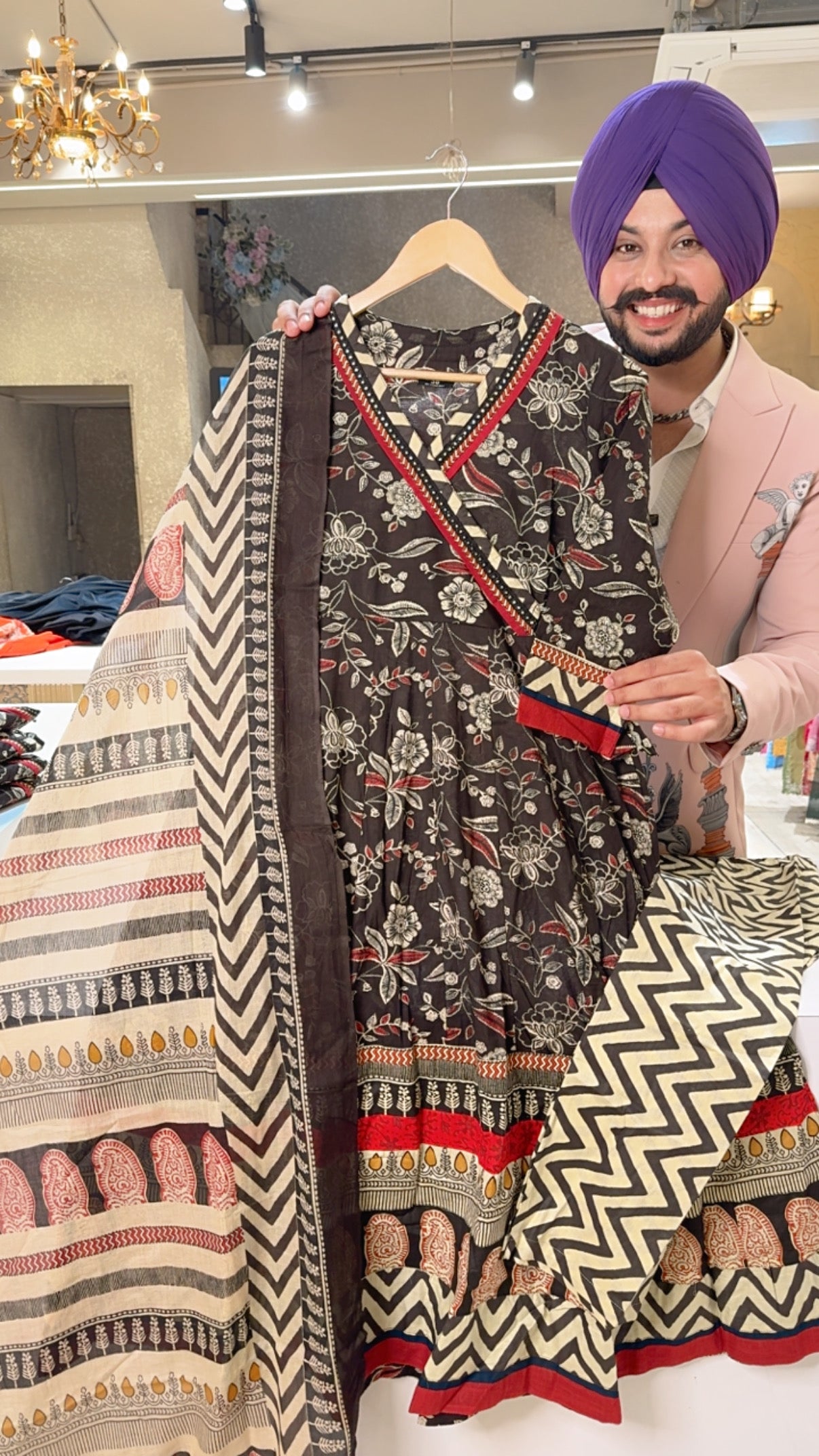 Blackish Brown Pure Cotton Angrakha Office Wear Anarkali Suit with Full Length Duppata