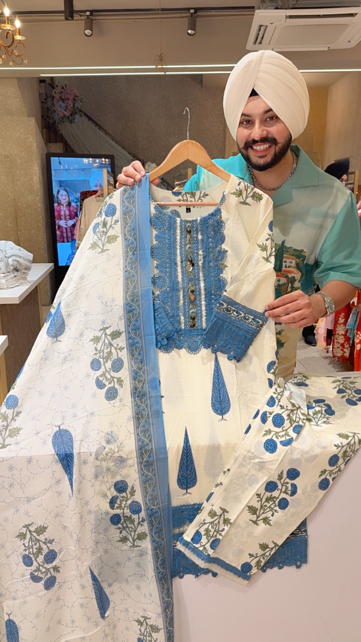 Cream & Powder Blue pure Cotton Crochet Laces premium Straight Suit