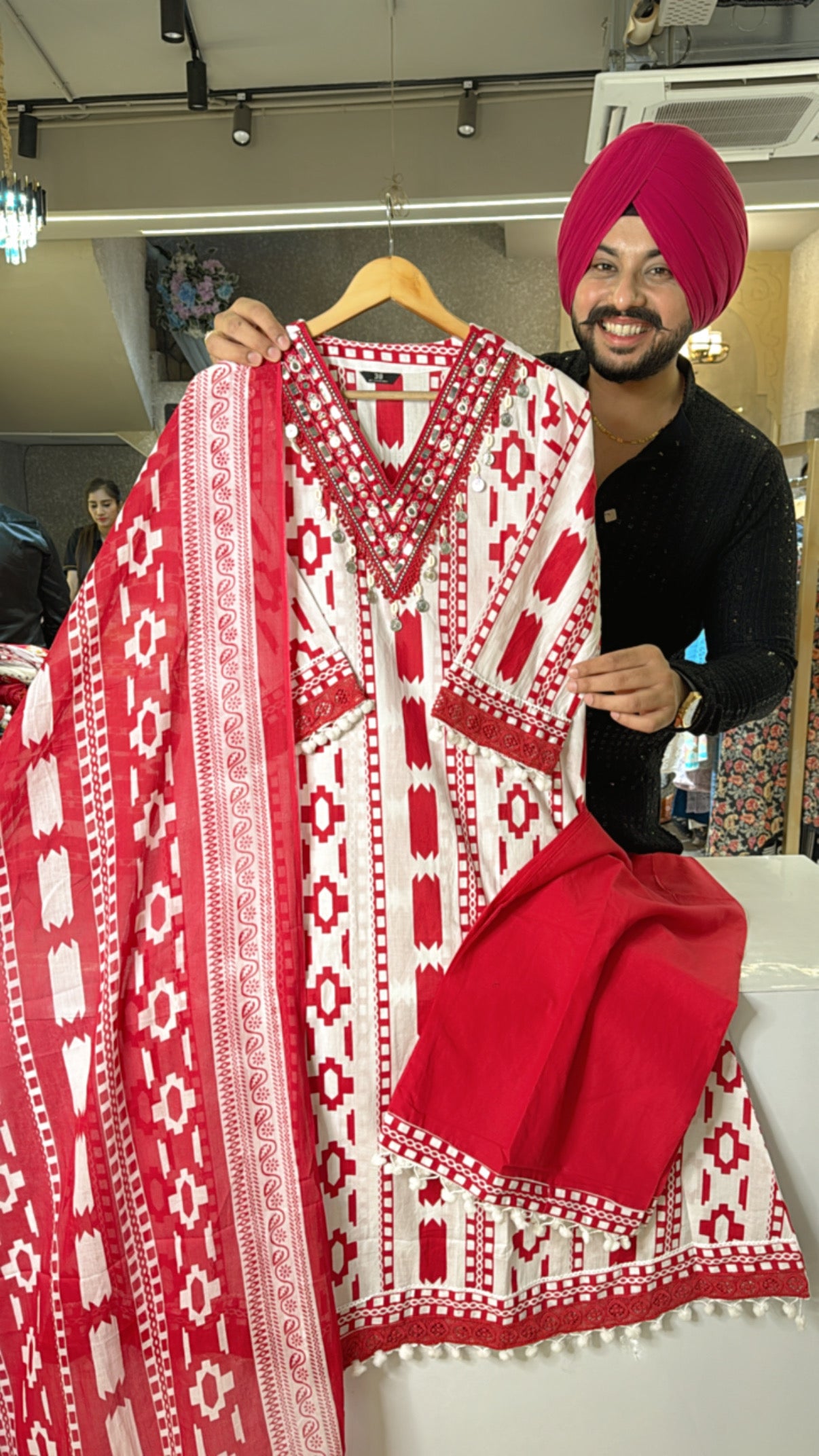 Pure Cotton V neck A-line plazo Suit with beautiful Embroidery & Pom-Pom work