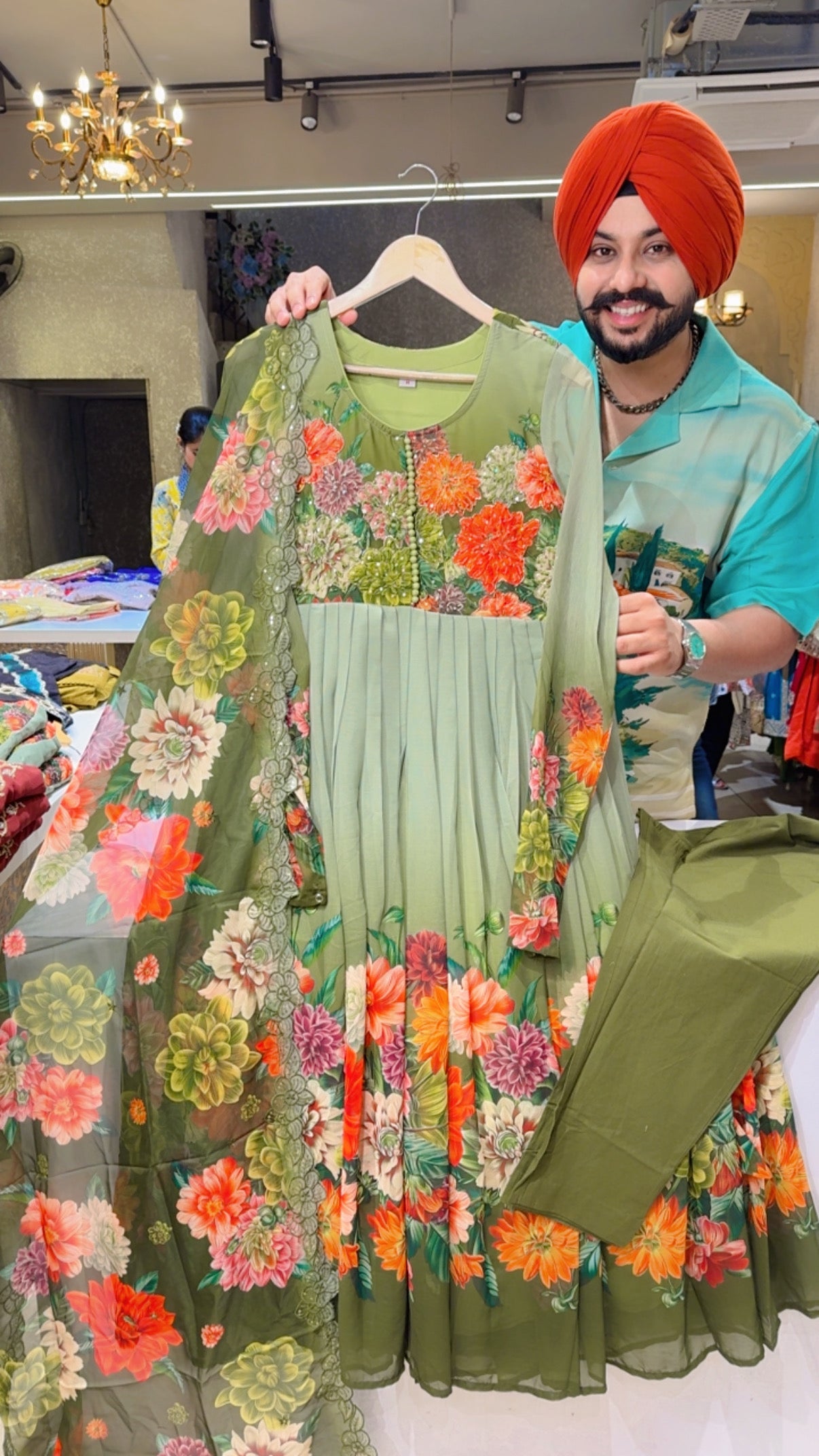 Olive Green Chiffon Full Flair Floral Print Anarkali Suit with Beautiful Hand embroidery Work on neck & Sequins Work Organza Duppata