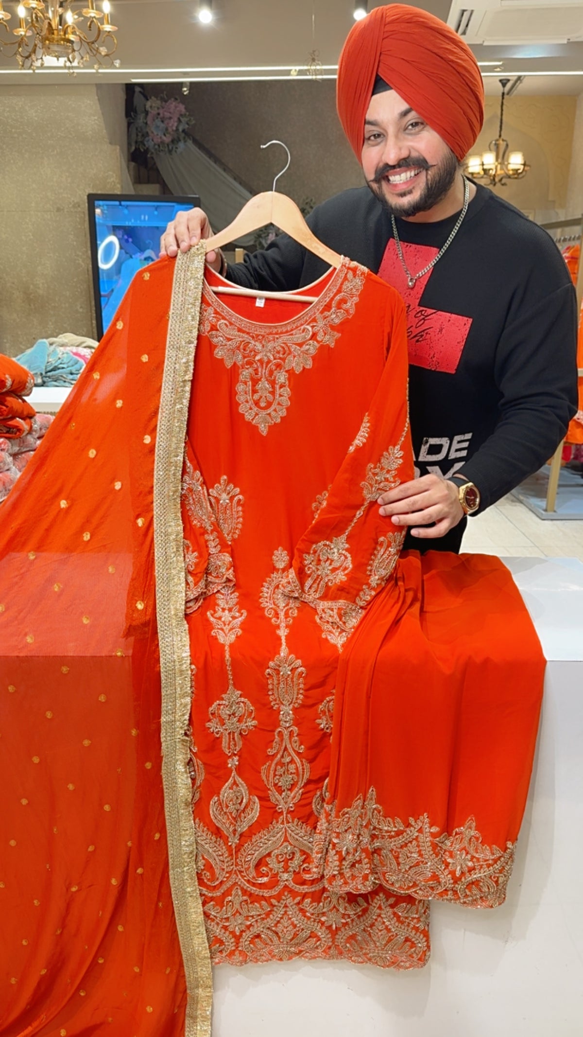 Orange Georgette Fully Hand Embroidered Wedding Wear Heavy Suit