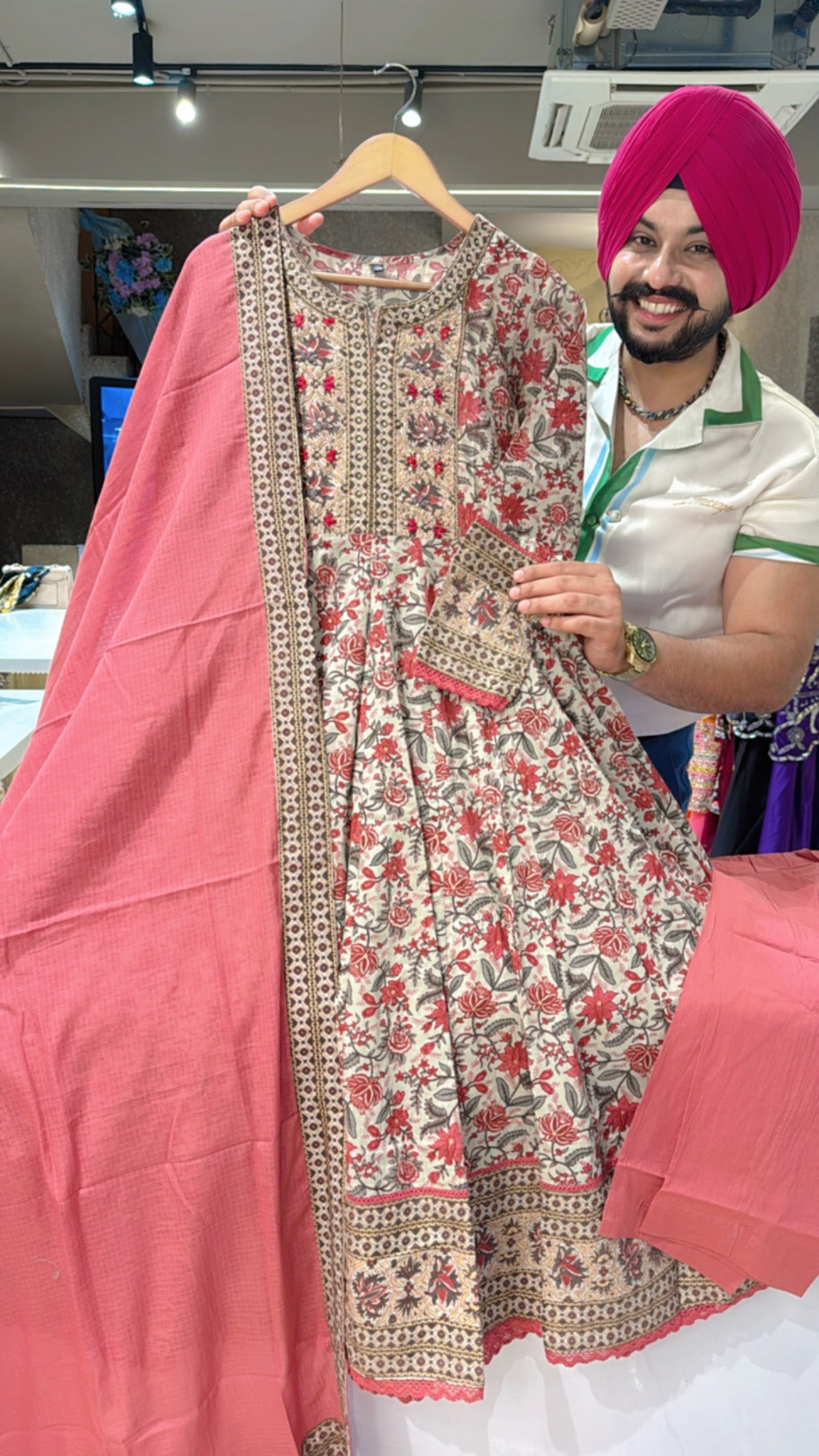 Beige Gajri Pure Cotton Full Flair Anarkali Suit with Hand embroidery work on neck & Kota Doria Duppata