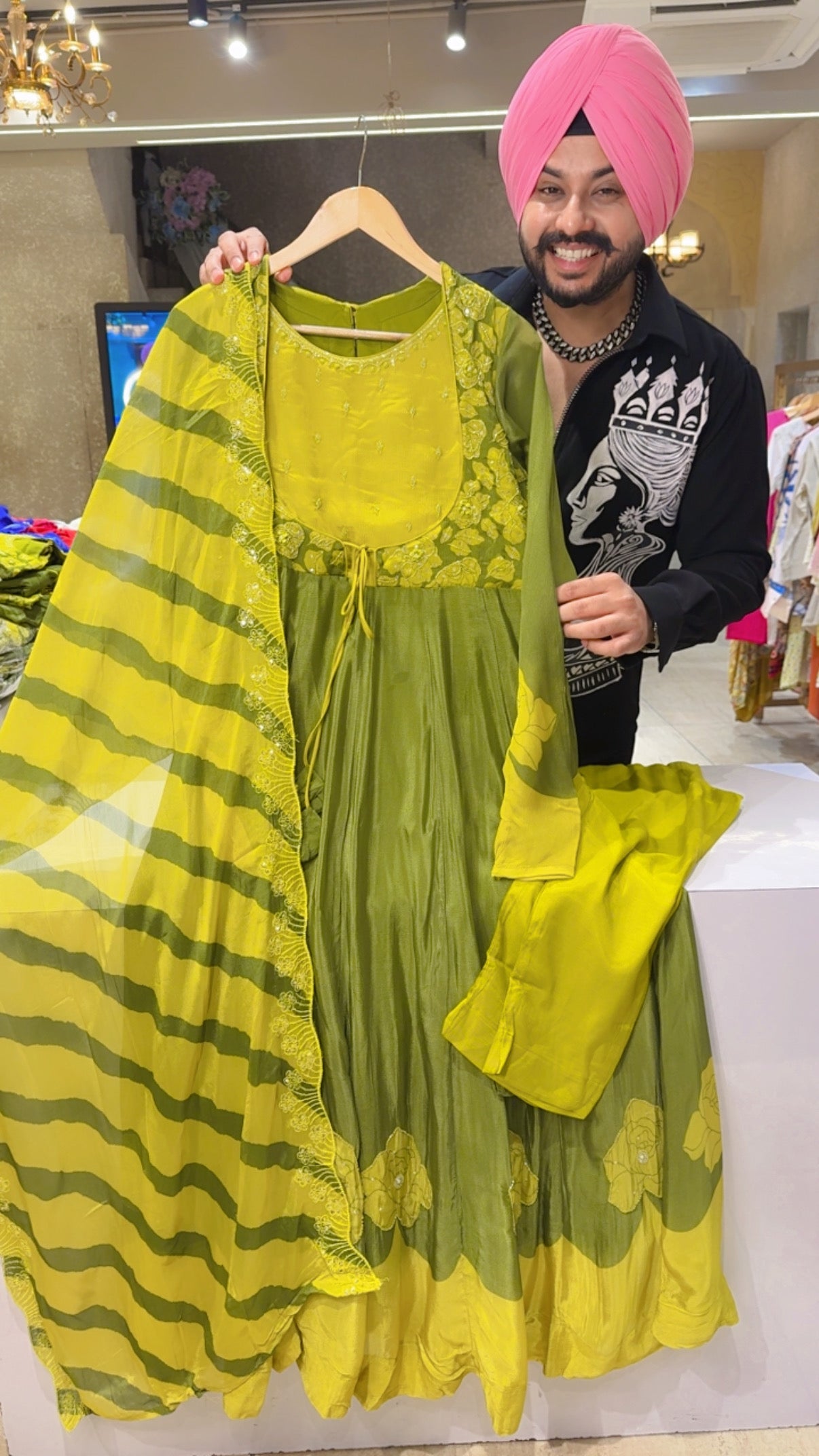 Green Chinon Hand embroidered Party Wear Anarkali Suit