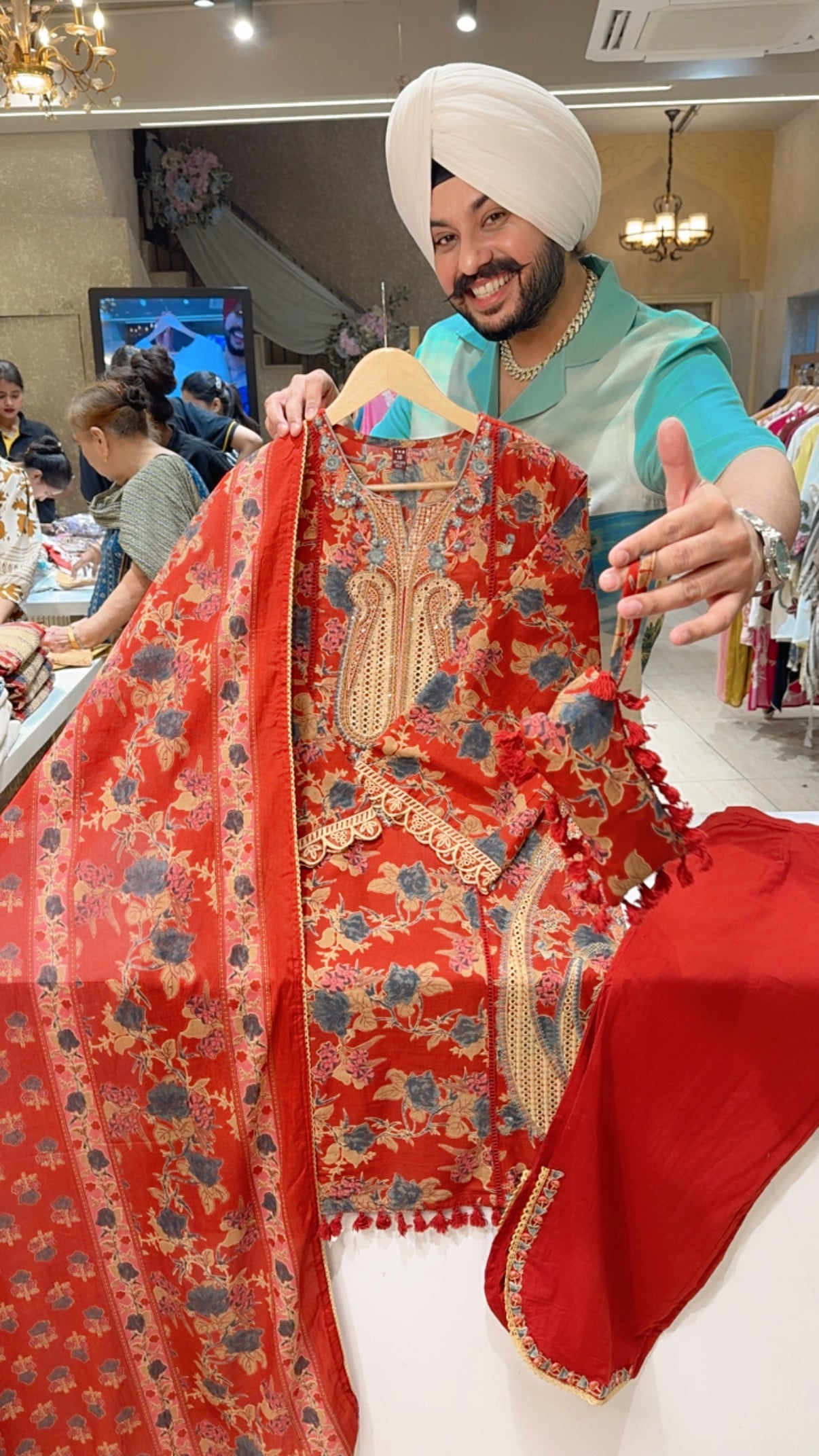 Brick Colour Floral Print Embroidered Pure Cotton Suit with Side Slit Pants & Pouch