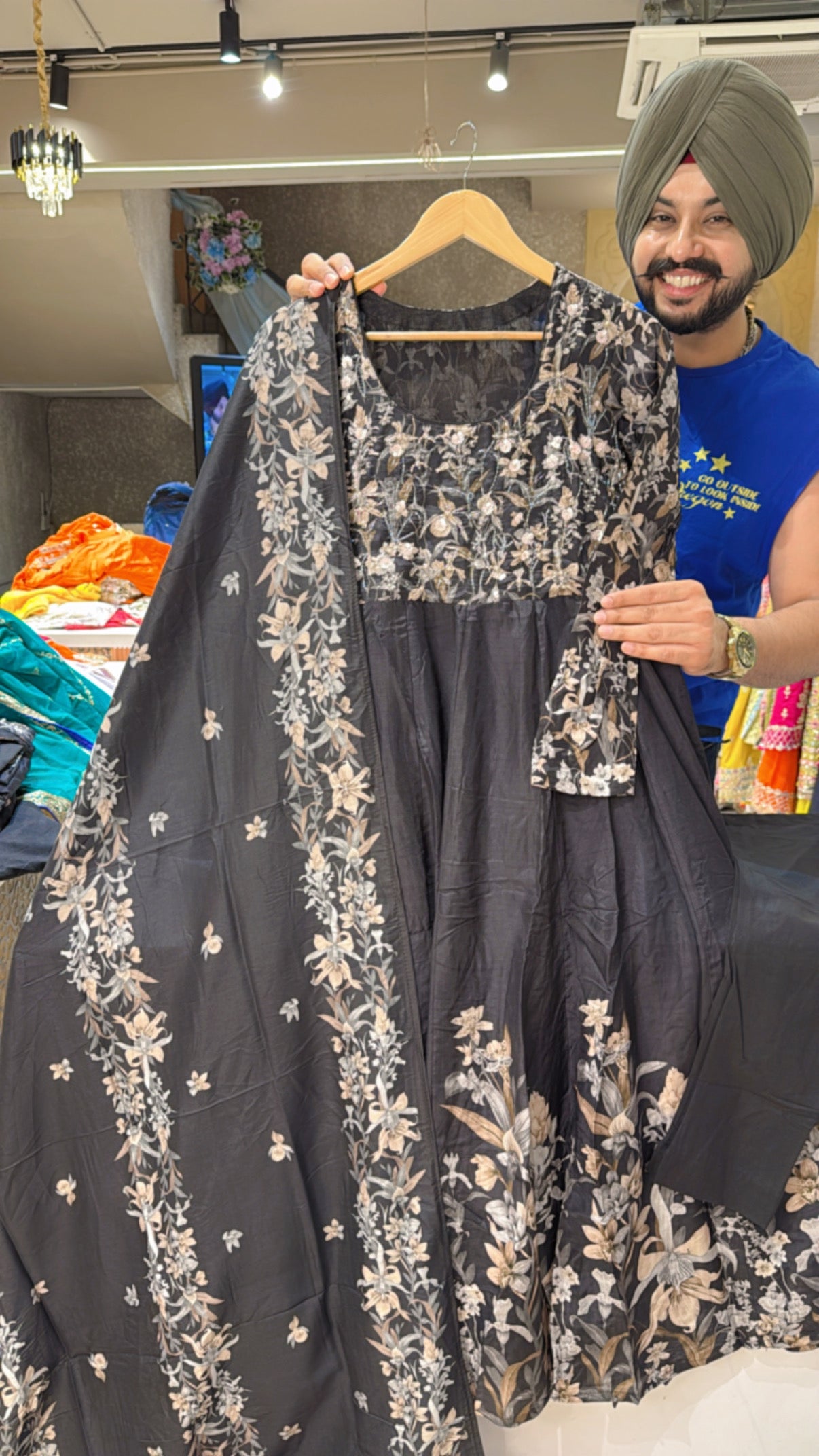 Matt Black Muslin Silk Floral Print full Flair Anarkali suit with Hand embroidery work on neck