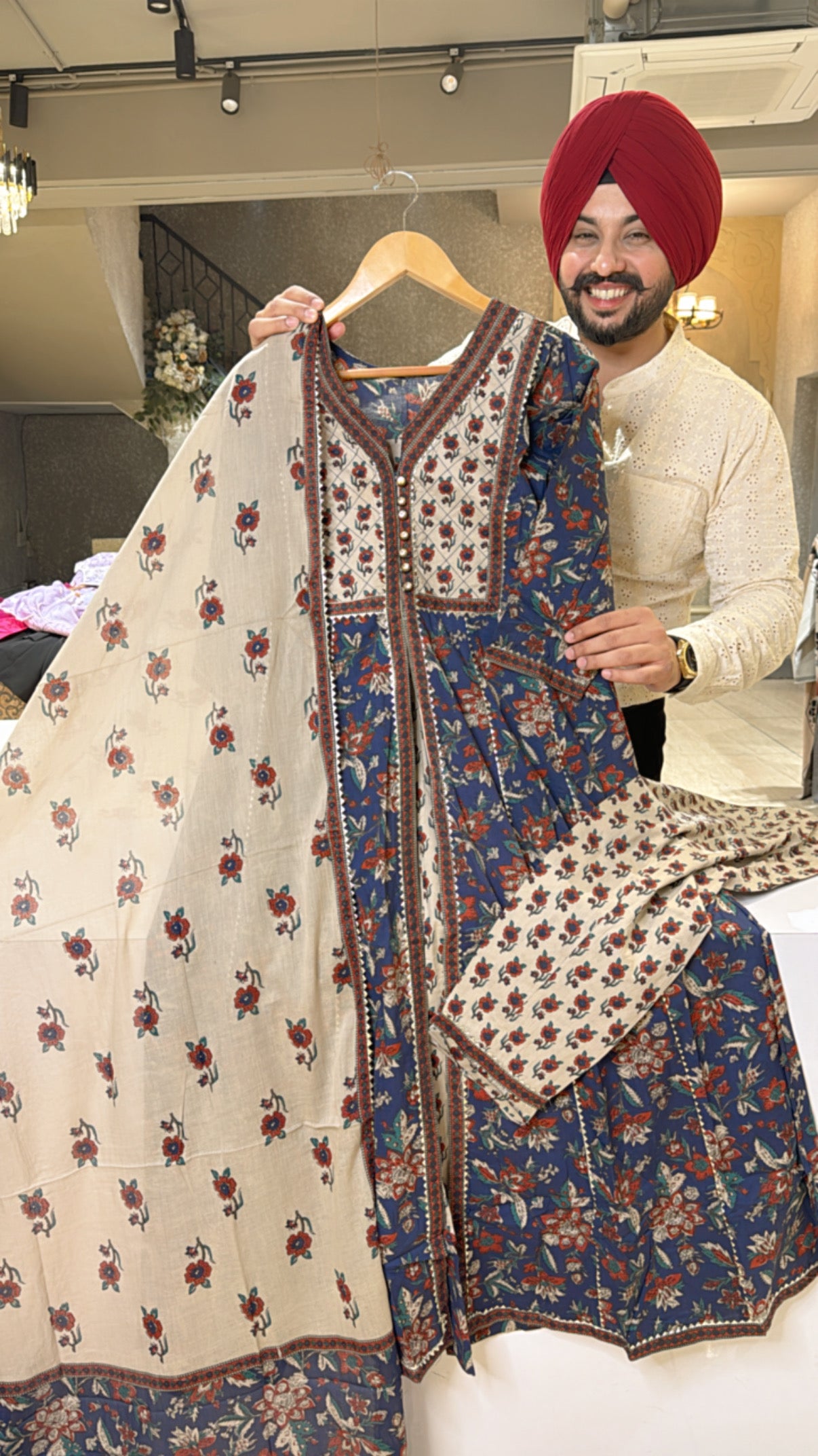 Ink Blue & beige Pure Cotton Front slit Anarkali Suit with Beautiful Duppata