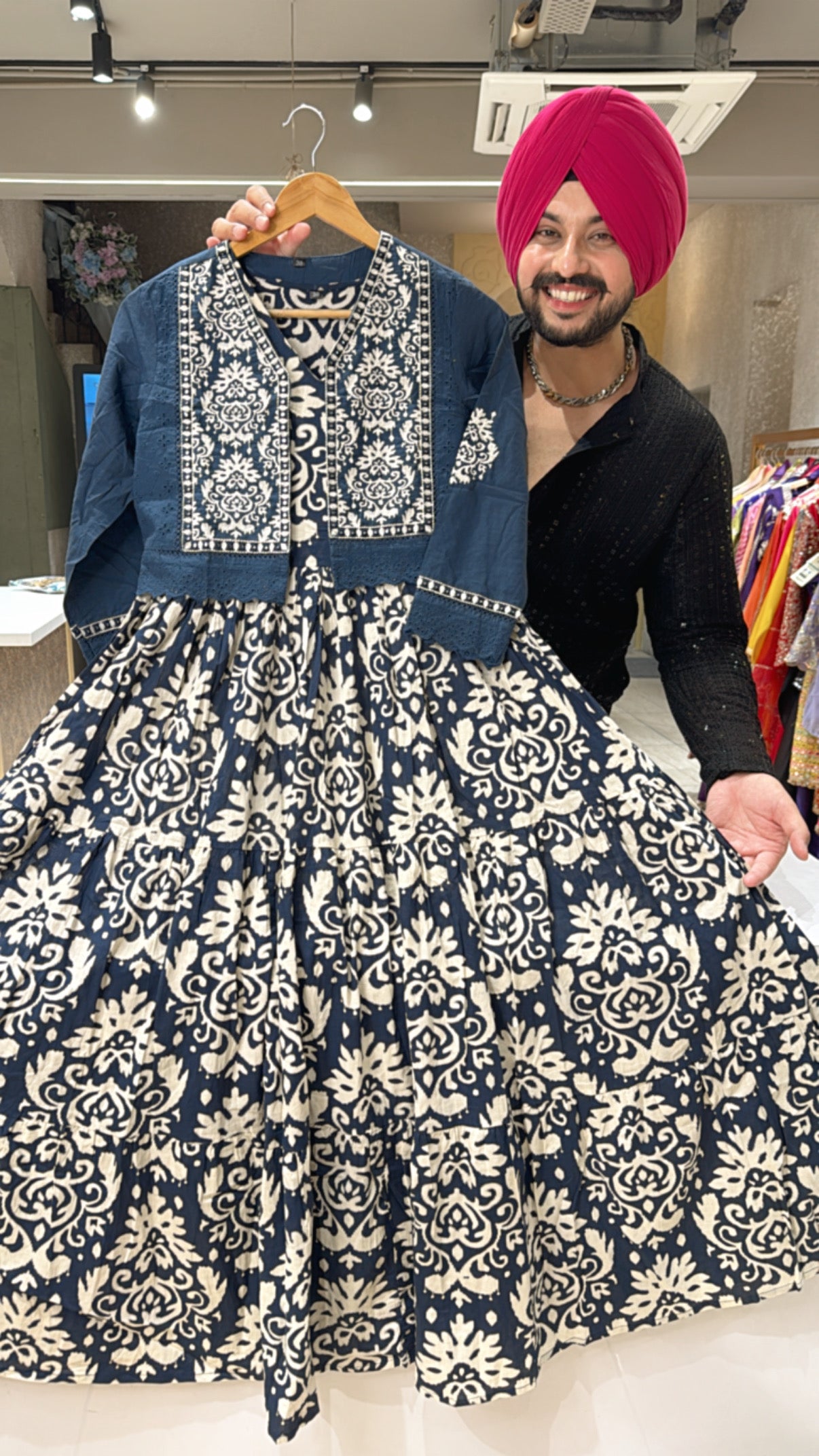 Navy Blue Pure Cotton Full Flair Indo Western Dress with embroidered Short Jacket