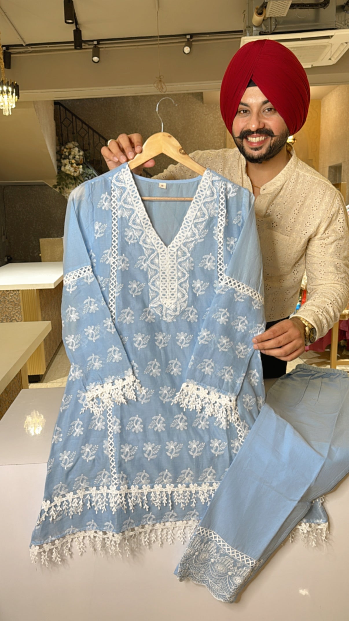 Powder Blue Mal Cotton Embroidered A-line Summerish Coord sets