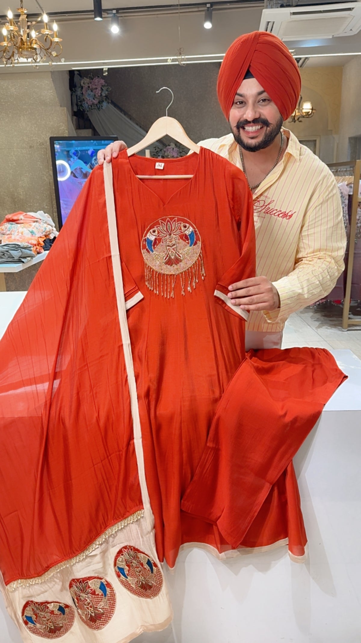 Rusty Orange Mal Chanderi Hand embroidered Light Partywear Anarkali suit