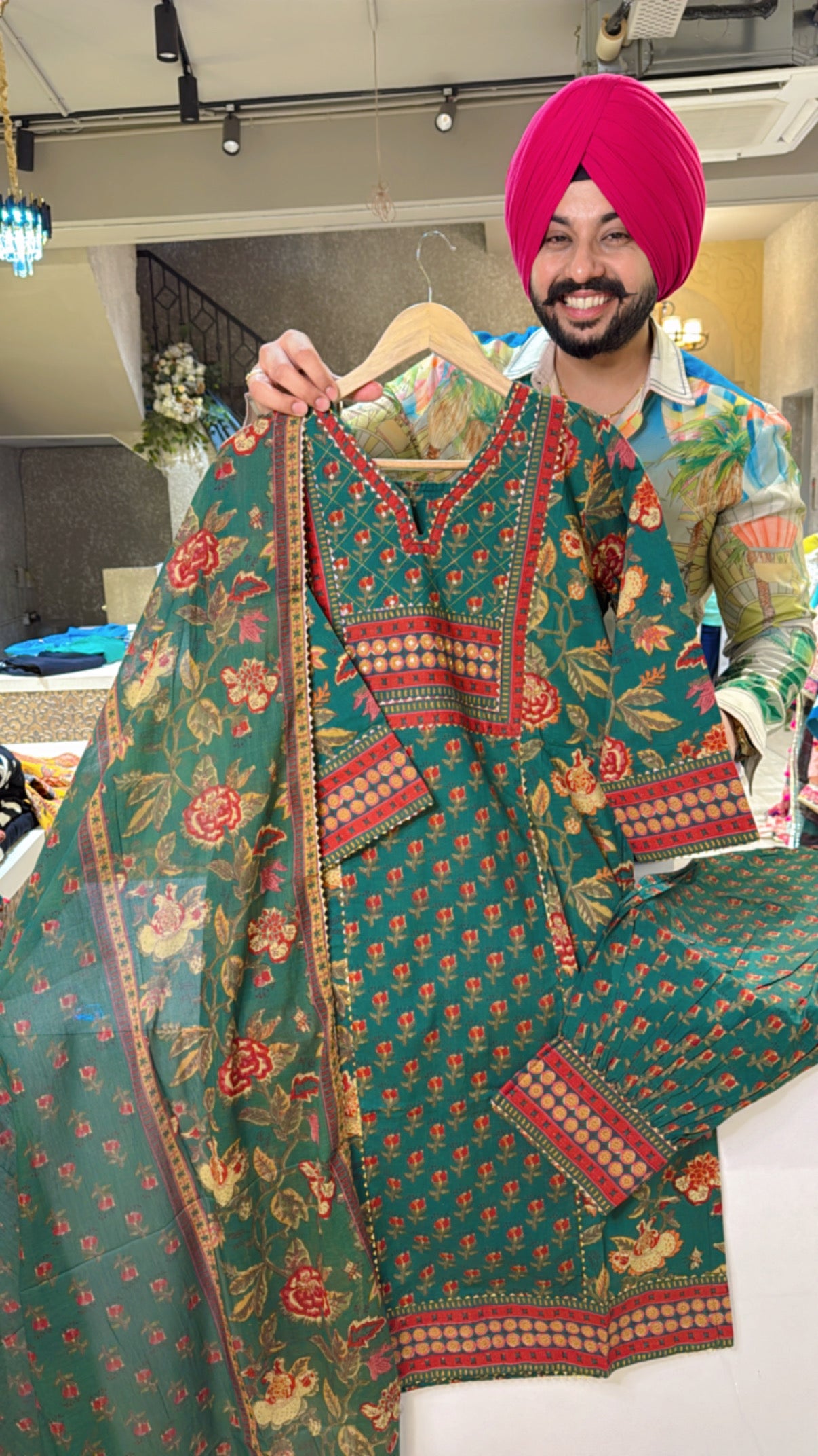 Green pure Cotton Pathani Suit with Beautiful Neck & Duppata