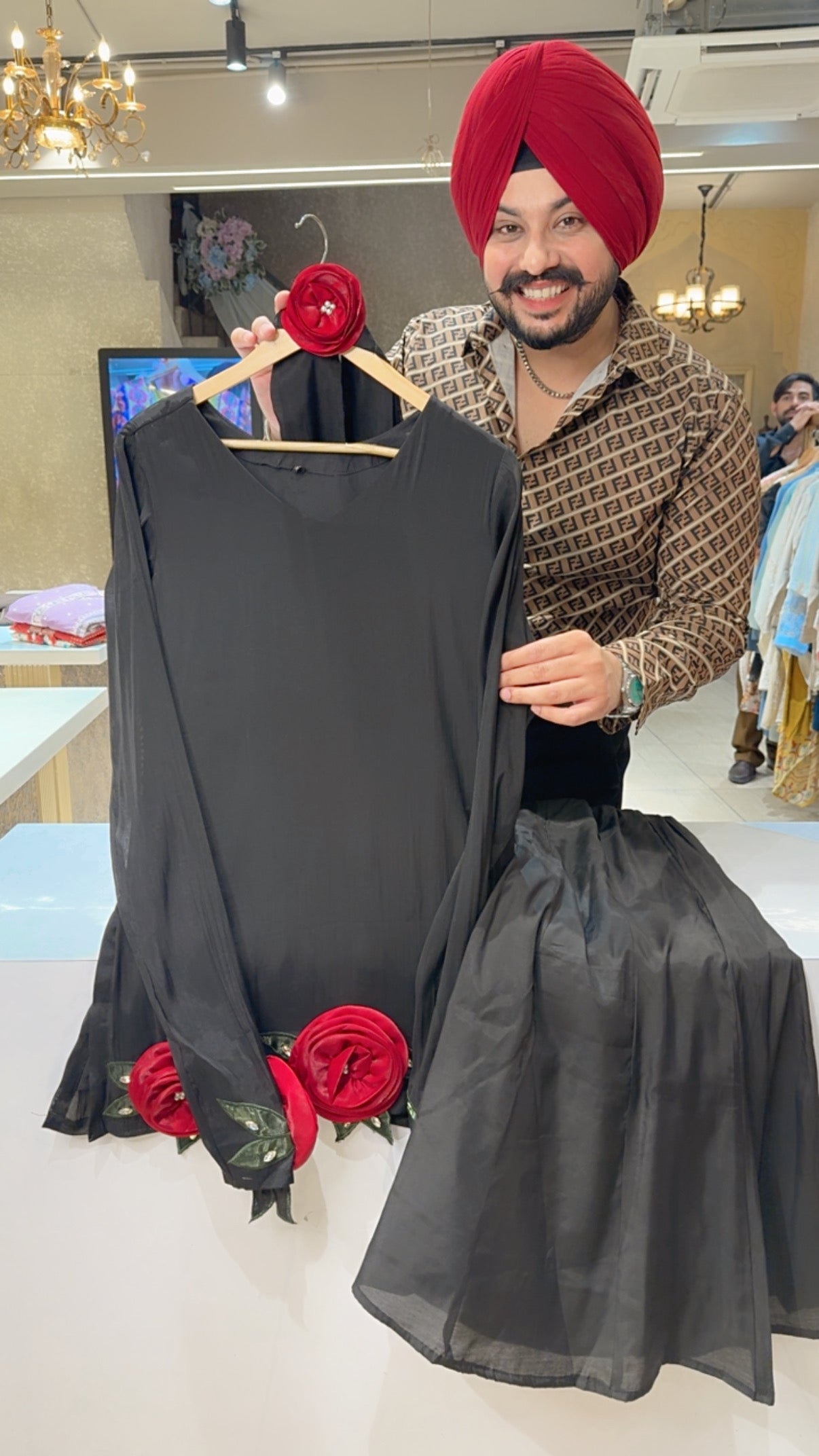 Black Mal Chanderi Rose Hand Patchwork Bell Bottom Sharara suit with Necklace Duppata