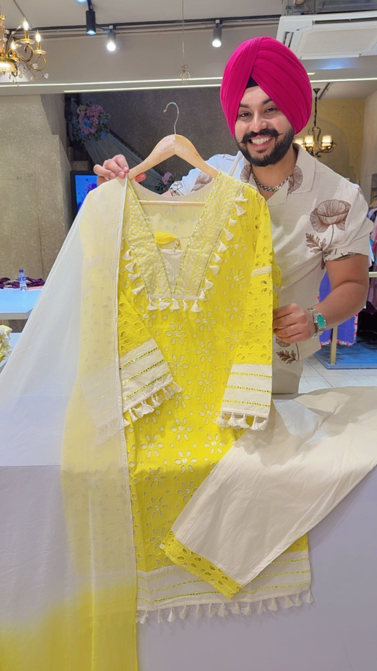 Lemon Yellow Kora Cotton Beautiful Embroidered & Fully Cutwork Stylish Indowestern Suit with Chiffon Tie & Dye Duppata