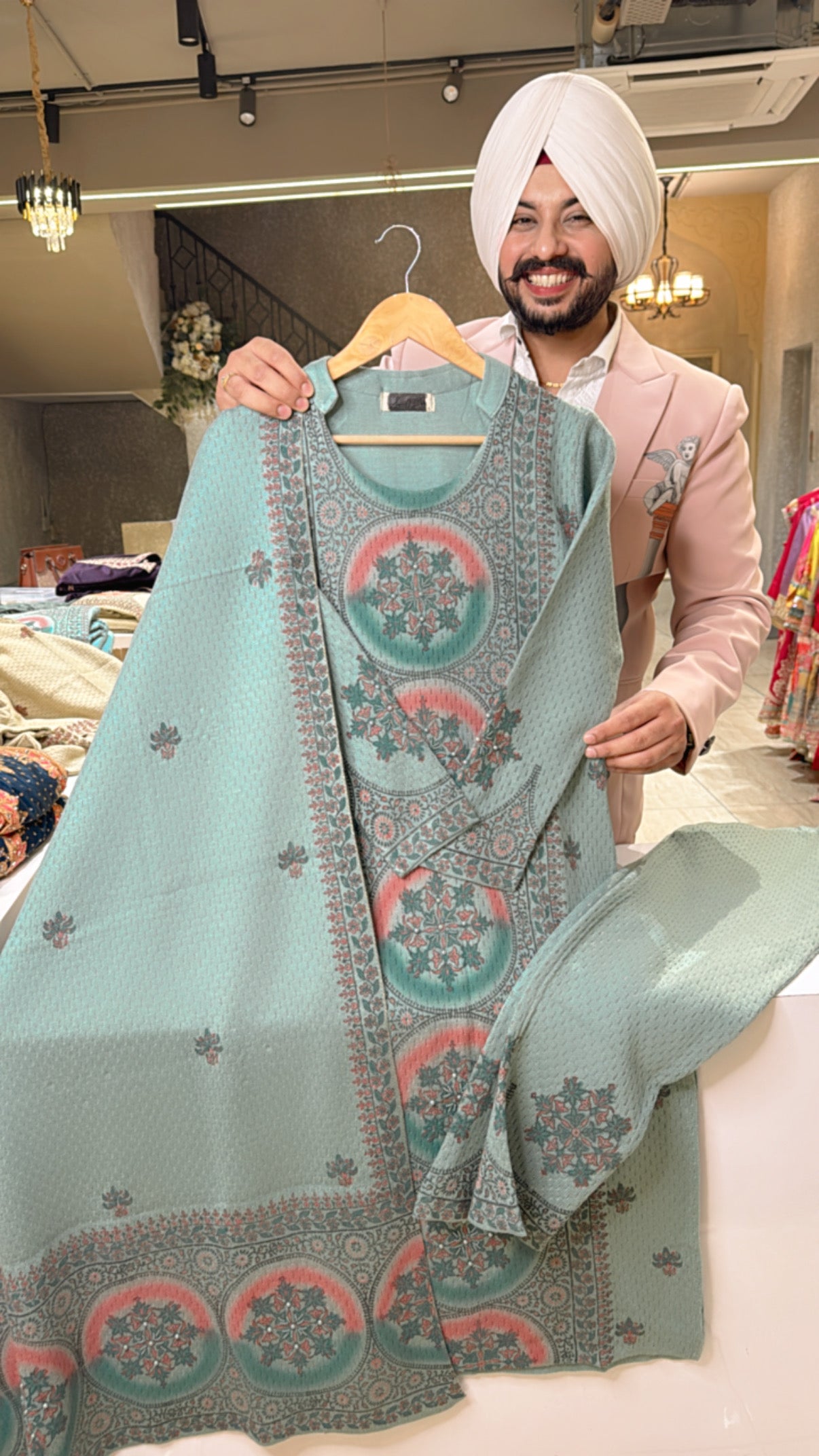 Light Sea Blue Premium Strechable Woolen Straight Suit with Beautiful Duppata