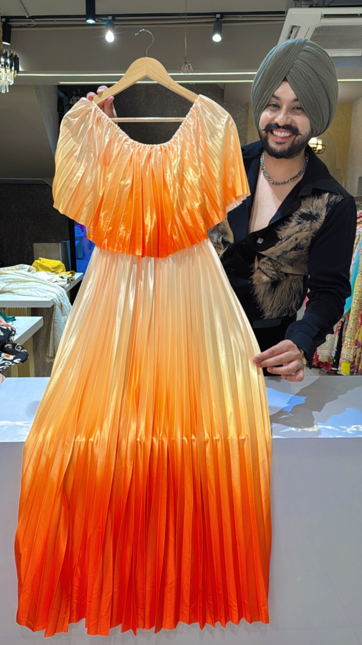 Vibrant Orange Ombre print Satan Off Shoulder Western Dress