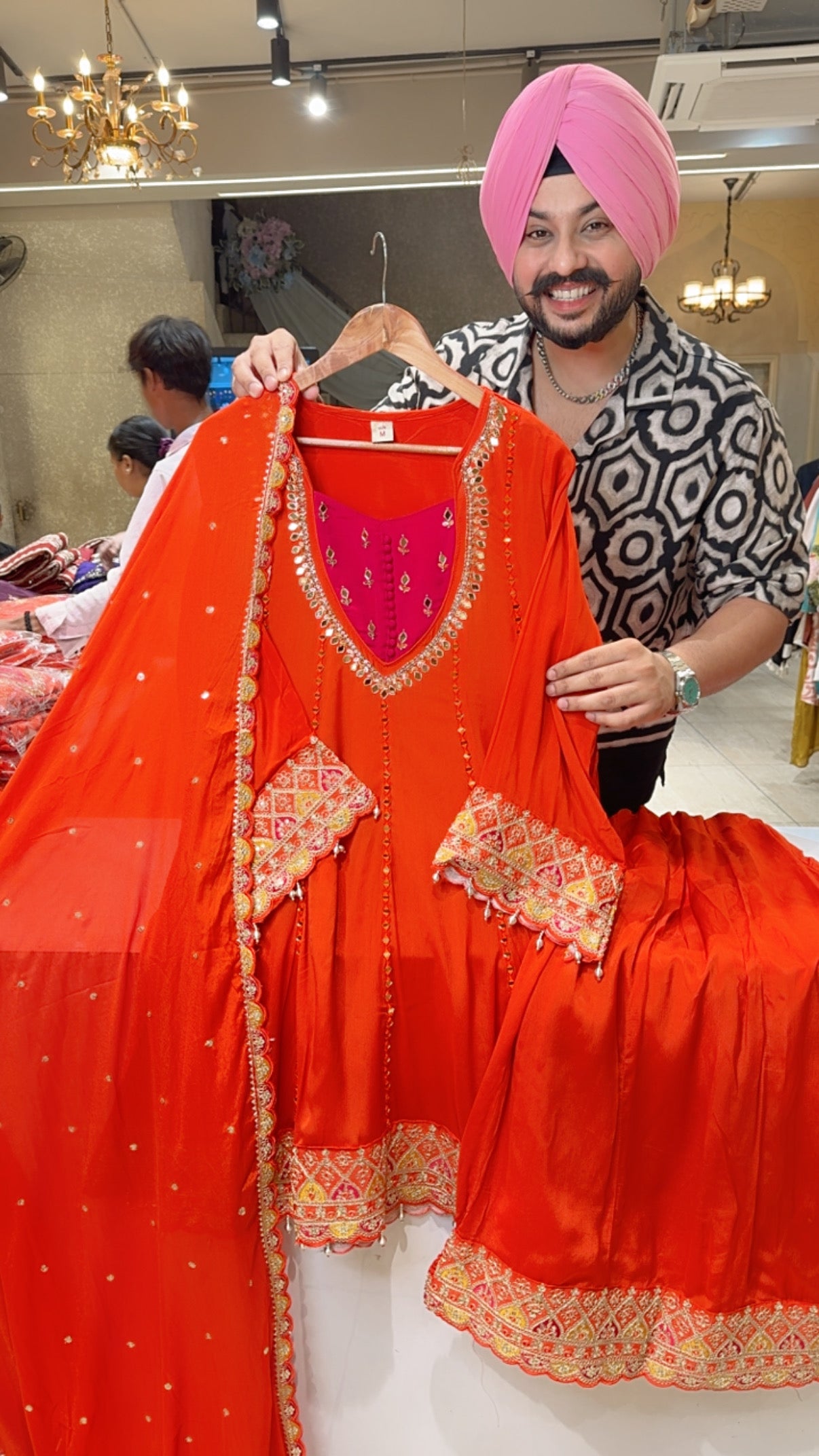 Orange Chinon Heavy Embroidered Paplum Sharara Partywear Sharara suit
