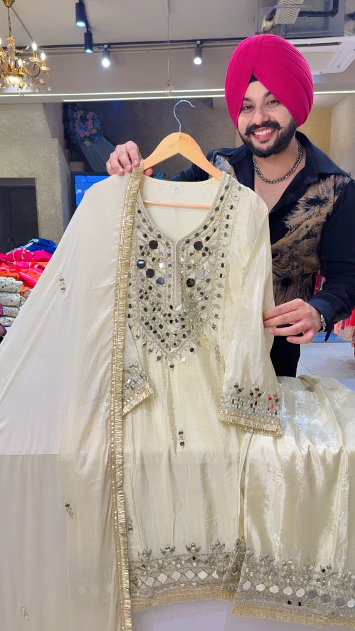 Ivory Colour Shimmer Silk Heavy Embroidered & Mirror work Straight Suit with Heavy Plazo & Duppata