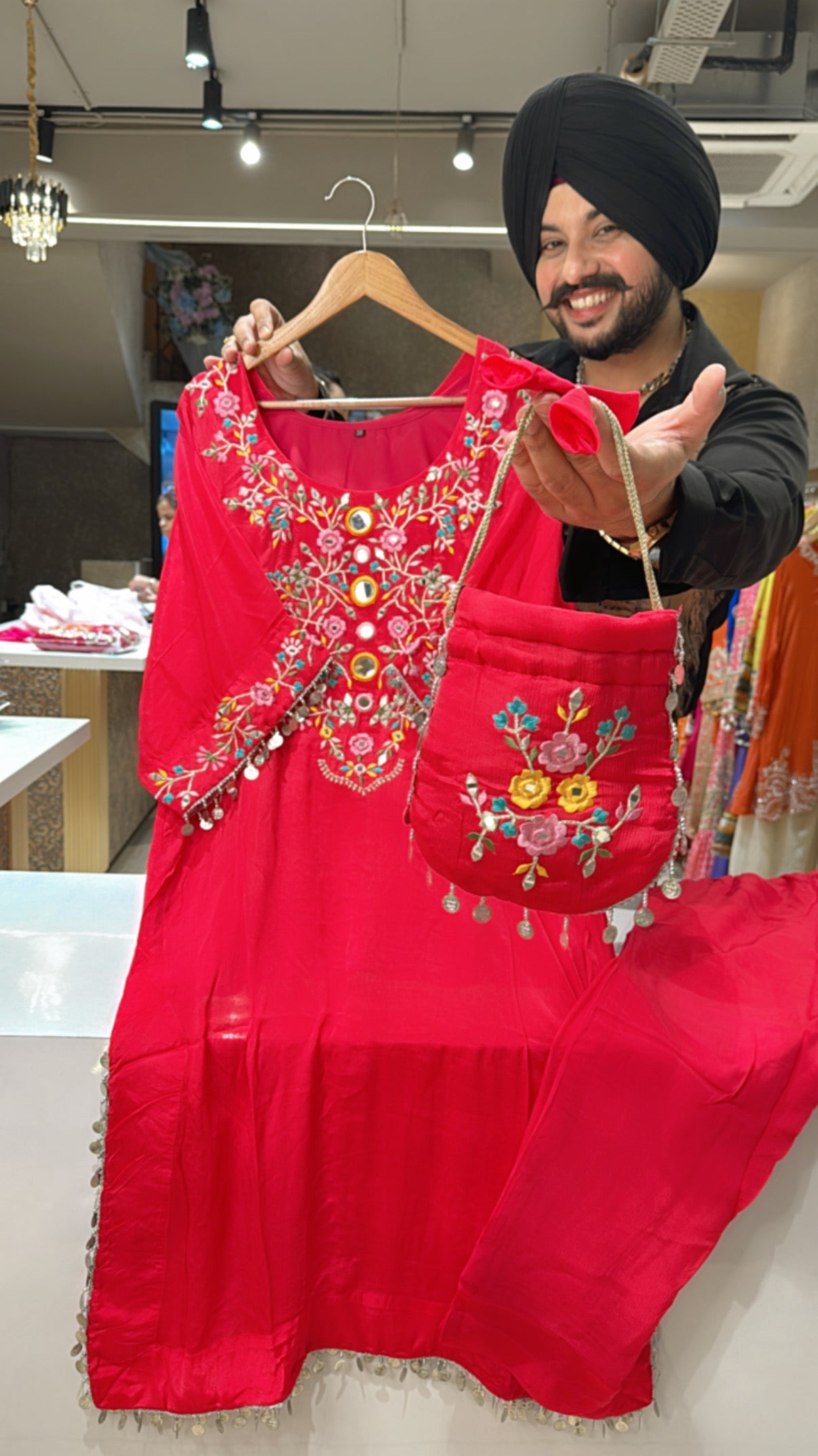 Gajri Pink Chinon Heavy Embroidered Choga Set with Cute Potli