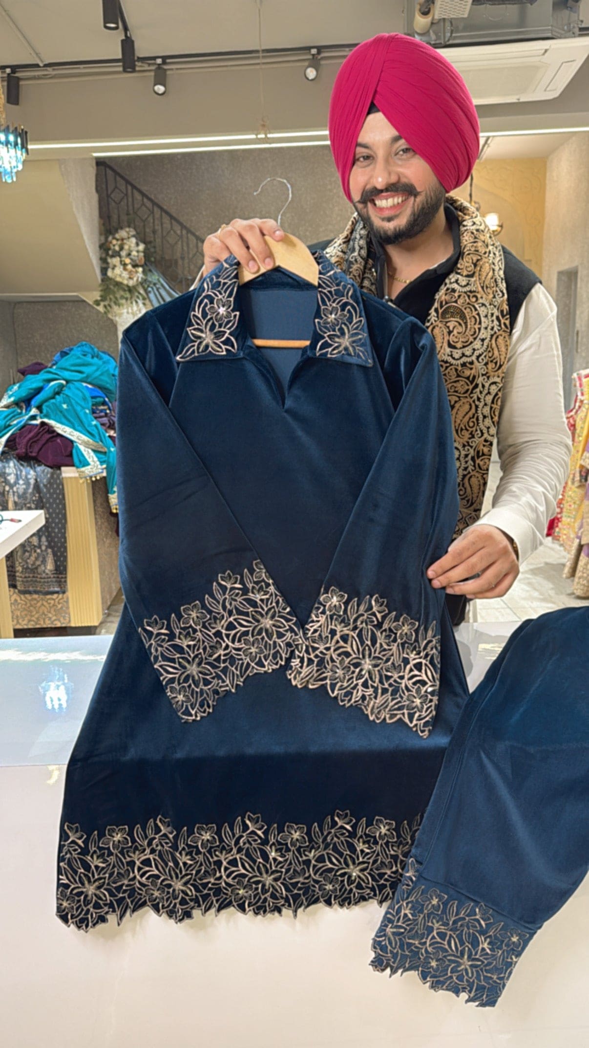Blue Heavy Strechable Velvet Collar neck Pakistani Coord set with Heavy Embroidery Work on it