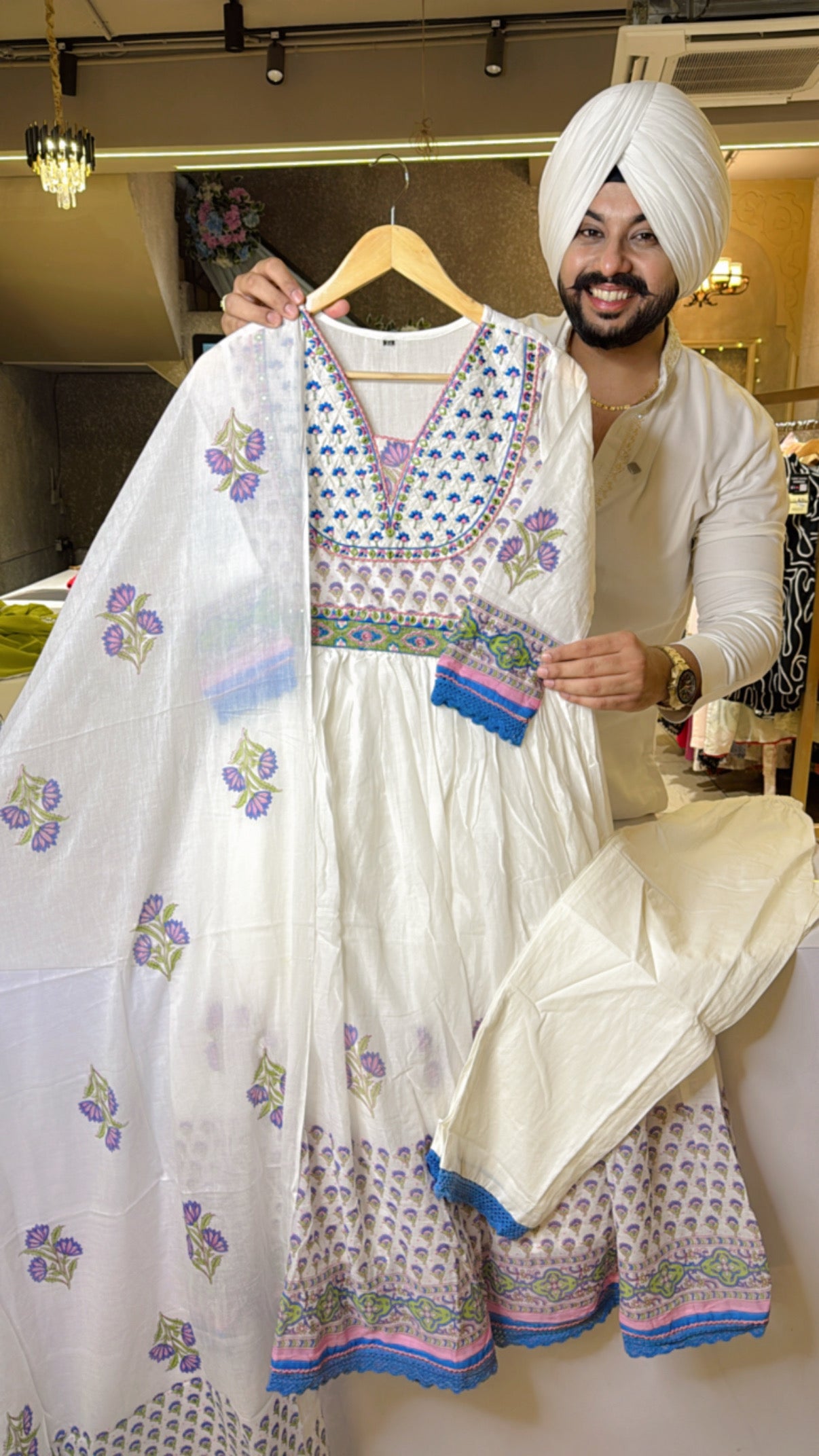 Moon White & blue Mal Cotton Summerish Anarkali Suit with Beautiful Embroidery Work on neck