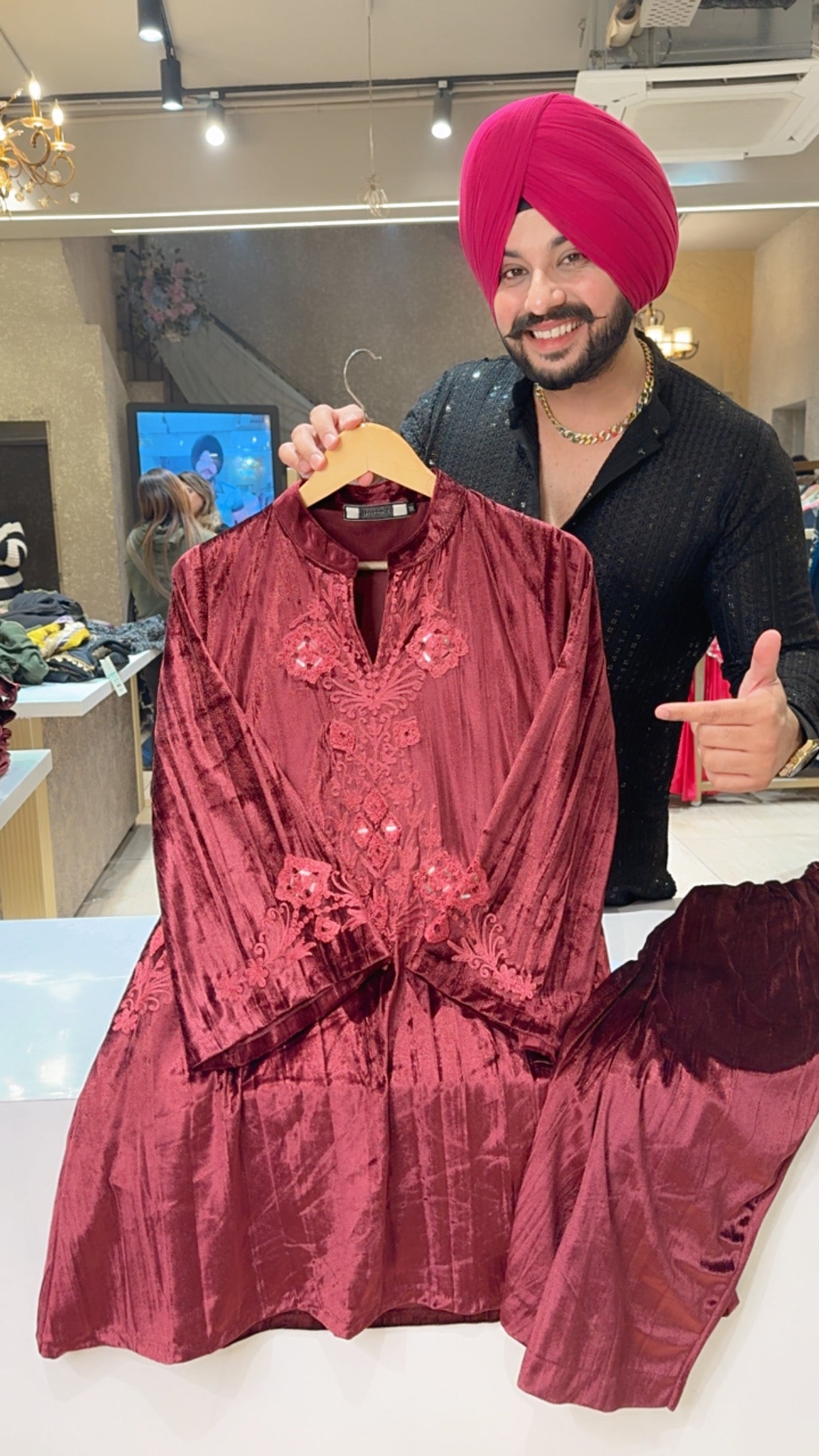 Maroon Crush Velvet Self Embroidered Party Wear Paplem Coord set